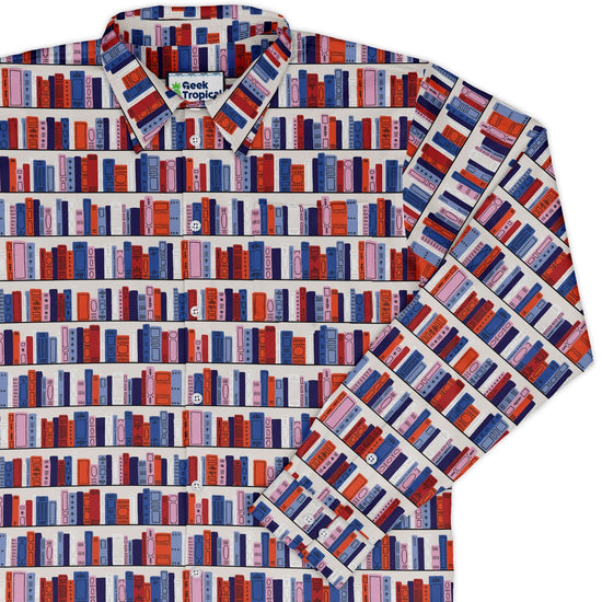 Book Shelf Long Sleeve Button Up Shirt Geek Nerd adult sizing book prints Design by Zirkus Design