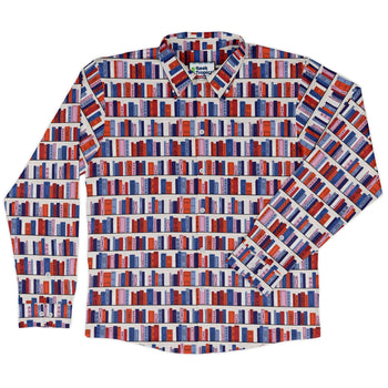 Book Shelf Long Sleeve Button Up Shirt Geek Nerd adult sizing book prints Design by Zirkus Design