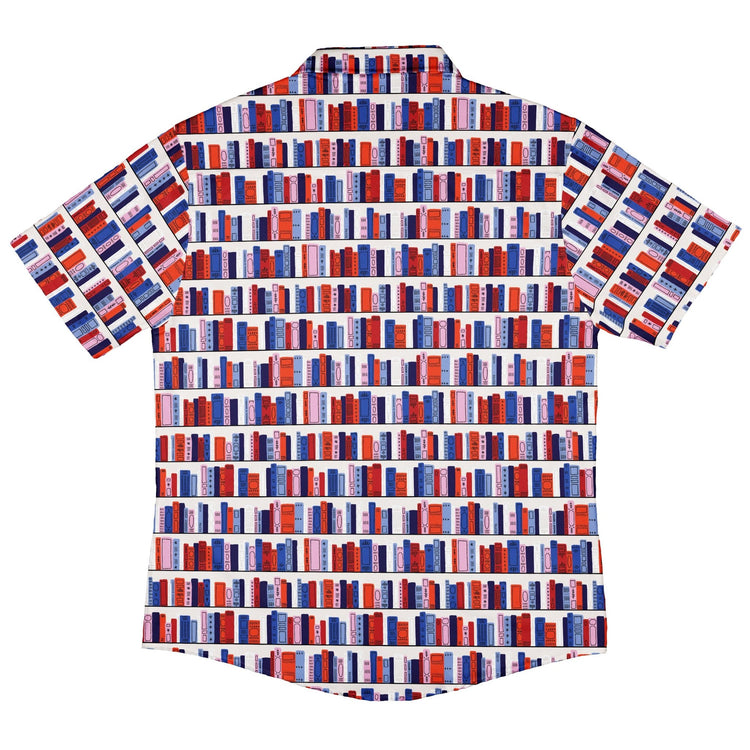 Book Shelf Button Up Shirt Geek Nerd adult sizing book prints Design by Zirkus Design