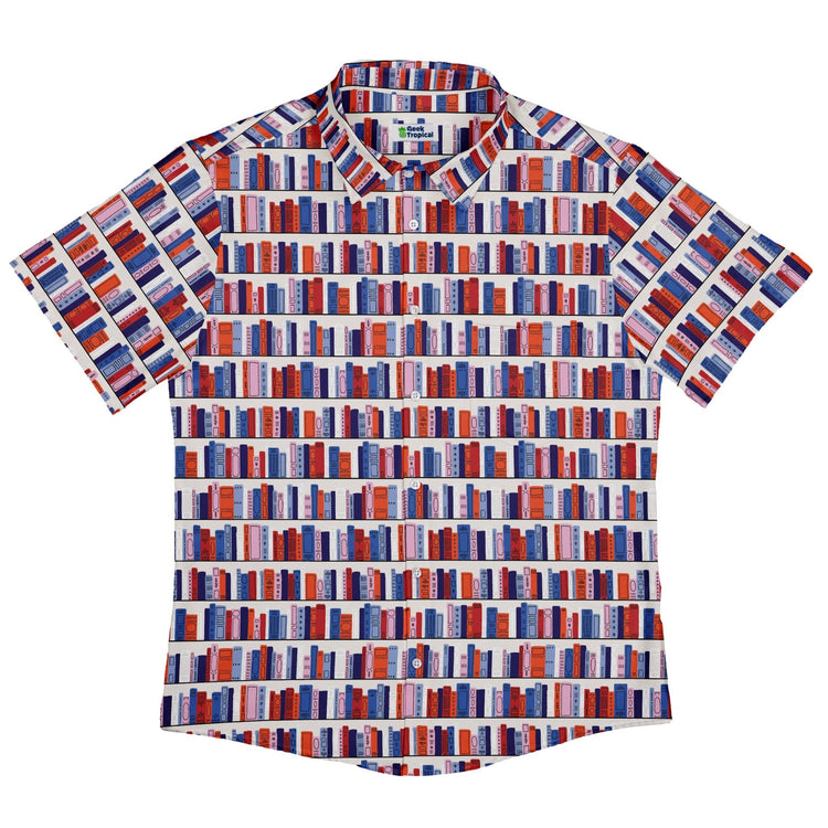 Book Shelf Button Up Shirt Geek Nerd adult sizing book prints Design by Zirkus Design