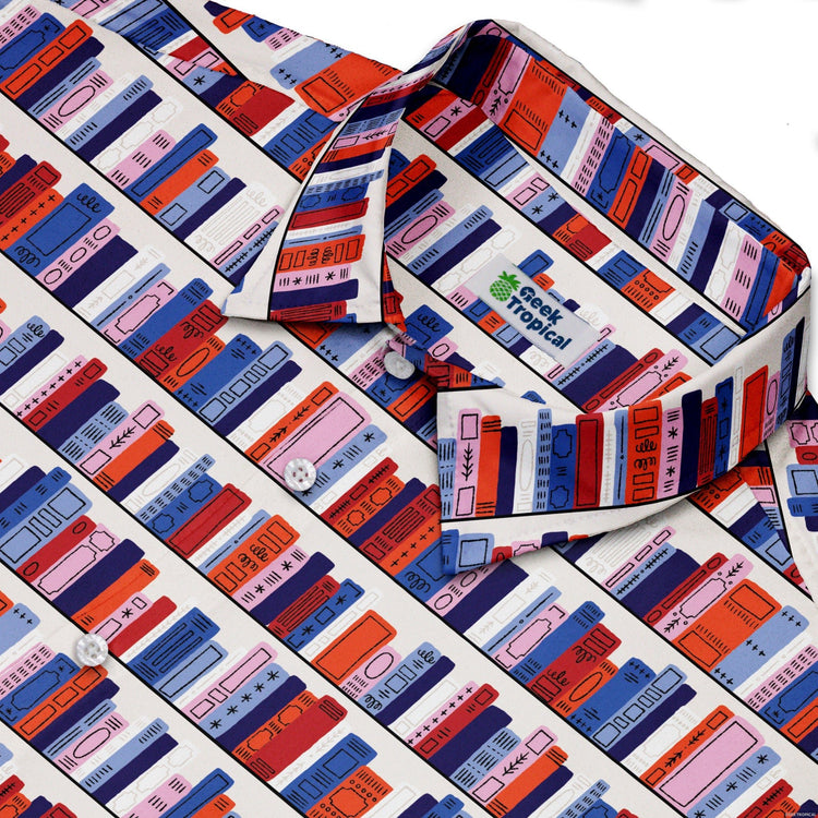 Book Shelf Button Up Shirt Geek Nerd adult sizing book prints Design by Zirkus Design