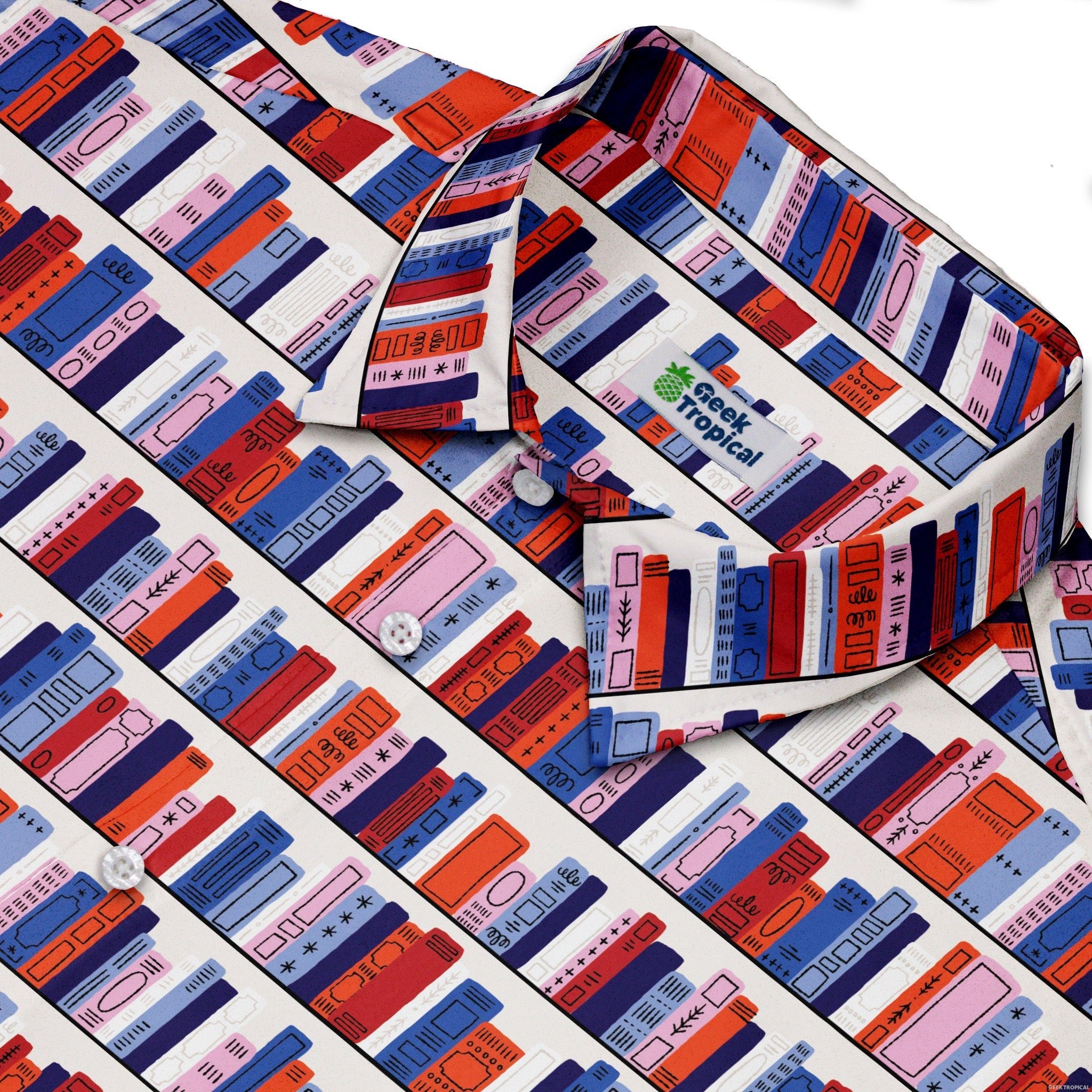 Book Shelf Button Up Shirt Geek Nerd adult sizing book prints Design by Zirkus Design
