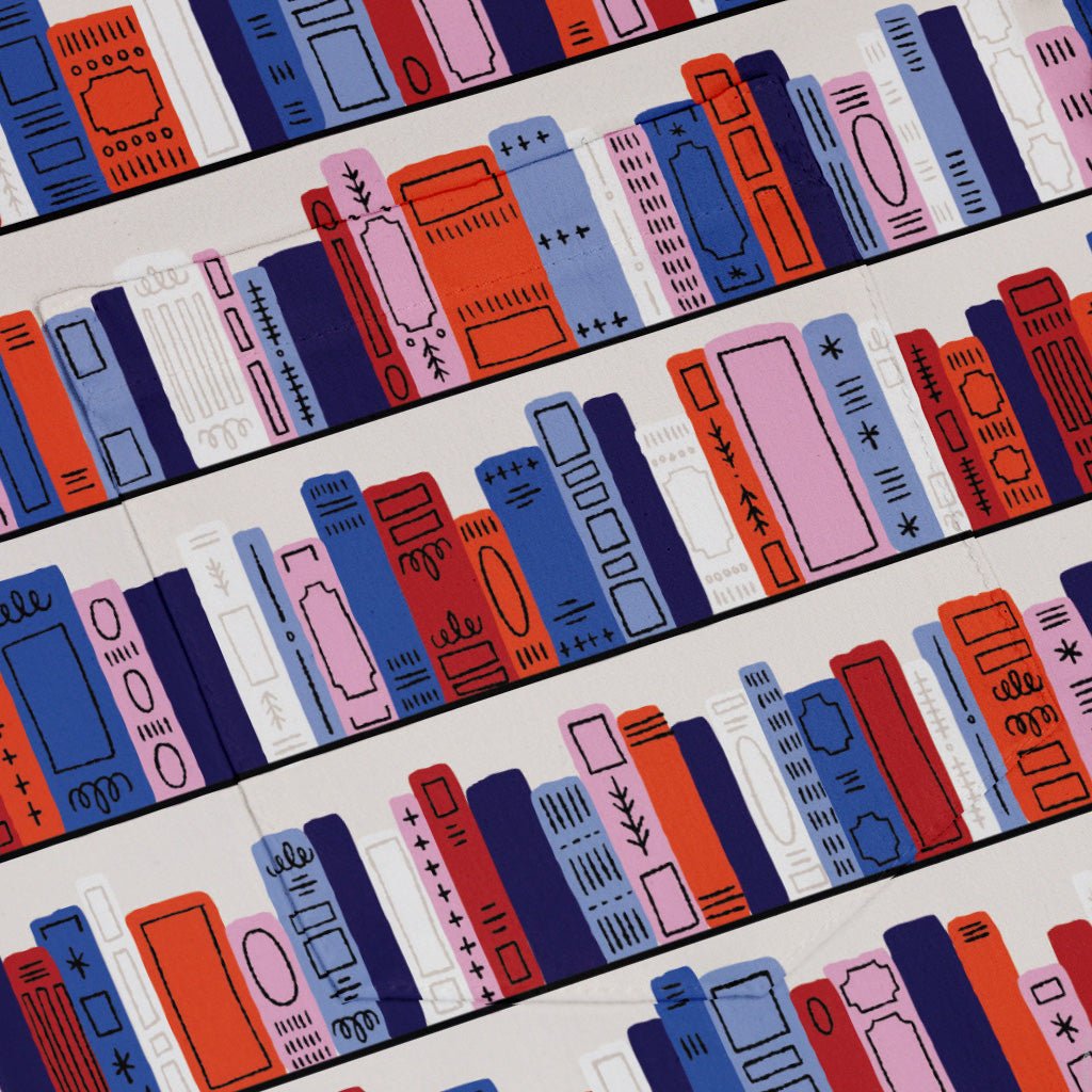 Book Shelf Button Up Shirt Geek Nerd adult sizing book prints Design by Zirkus Design