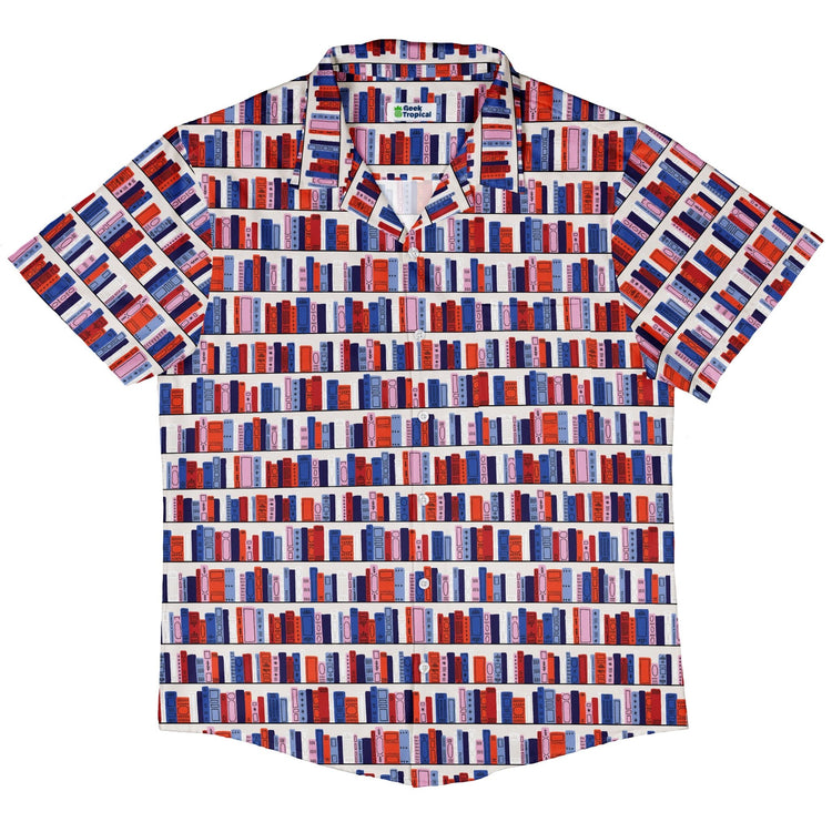 Book Shelf Button Up Shirt Geek Nerd adult sizing book prints Design by Zirkus Design