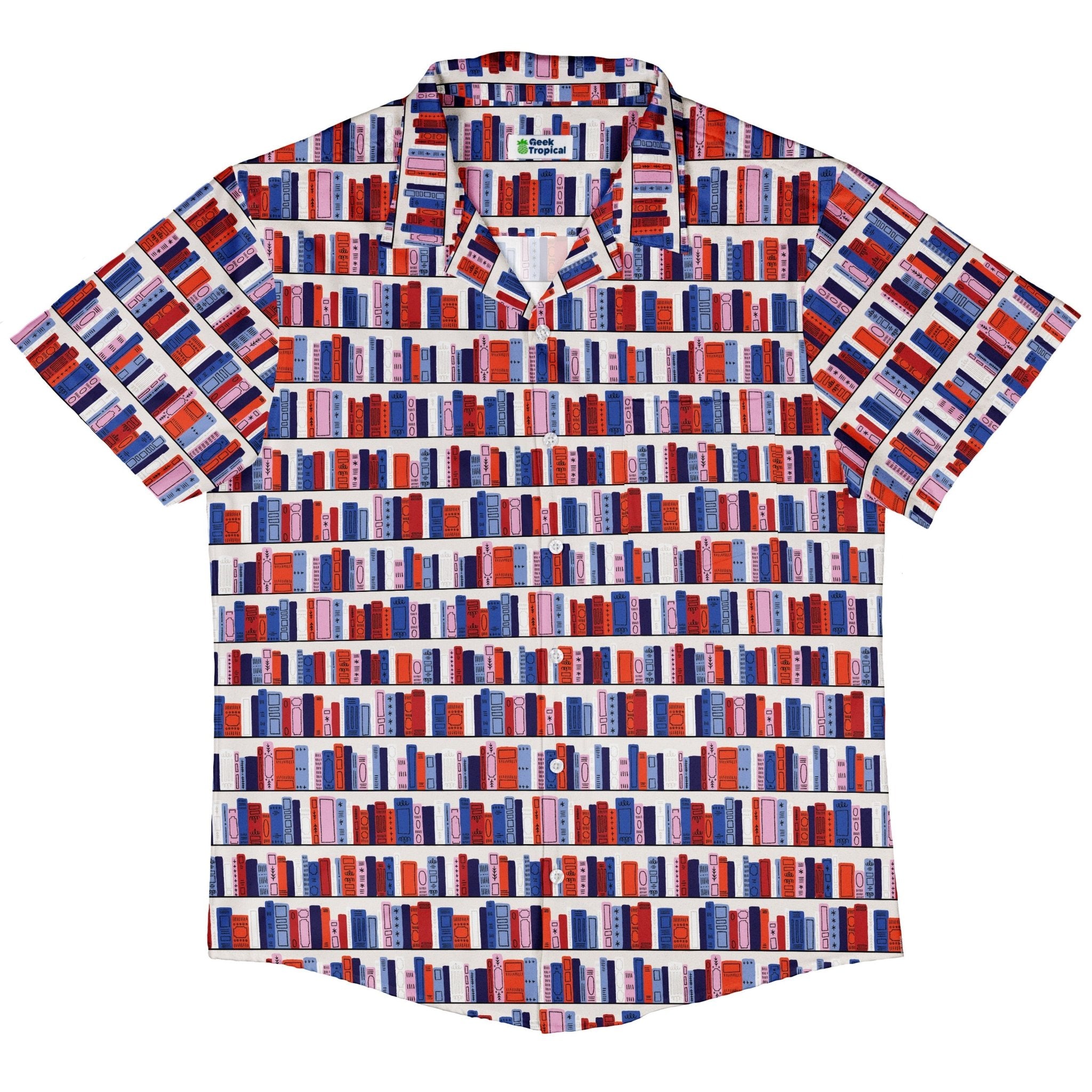 Book Shelf Button Up Shirt Geek Nerd adult sizing book prints Design by Zirkus Design