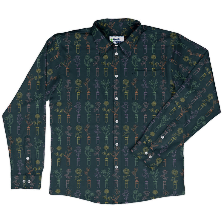 Botany Lovers Long Sleeve Button Up Shirt Geek Nerd adult sizing Botany Print FLOW DESC WRITING