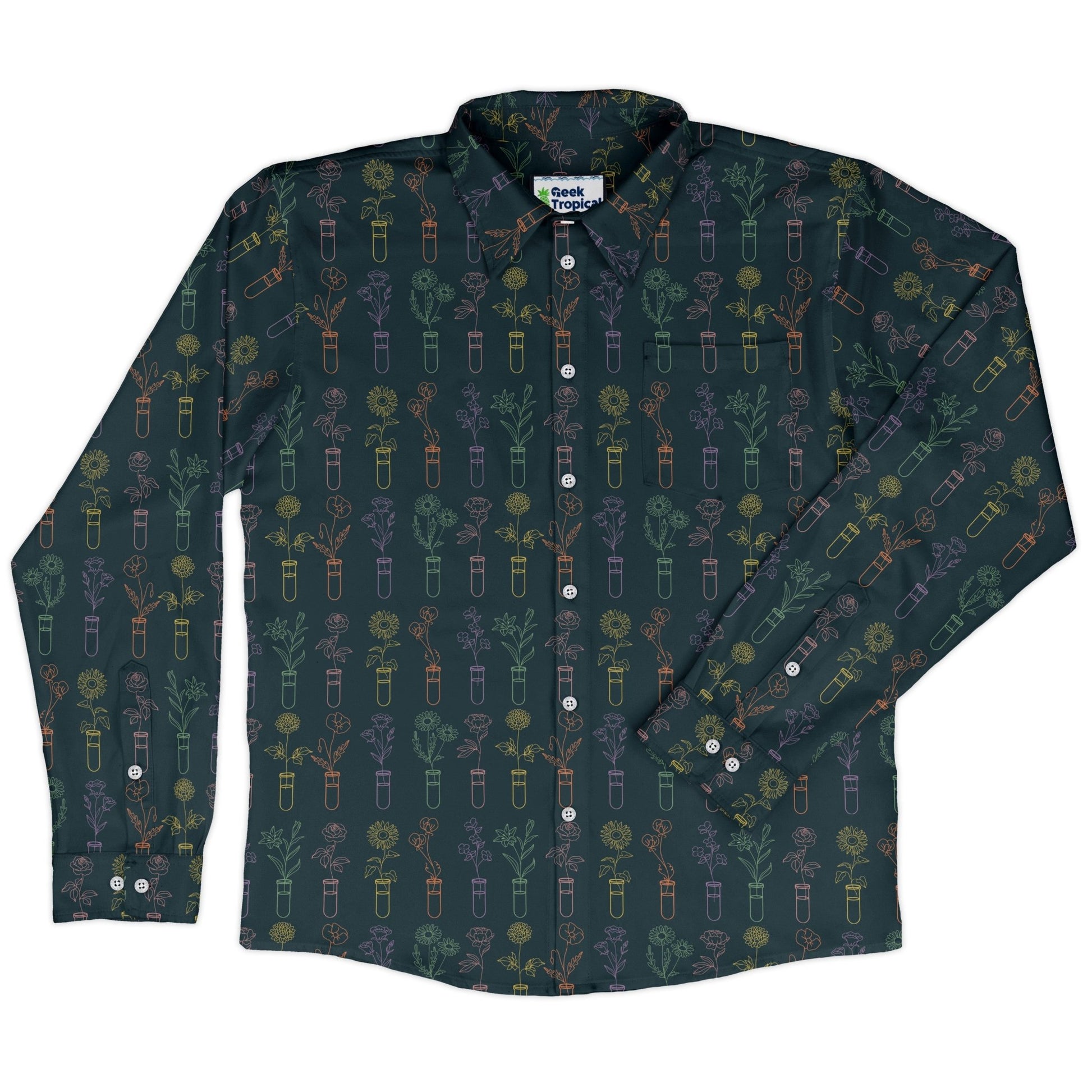 Botany Lovers Long Sleeve Button Up Shirt Geek Nerd adult sizing Botany Print FLOW DESC WRITING