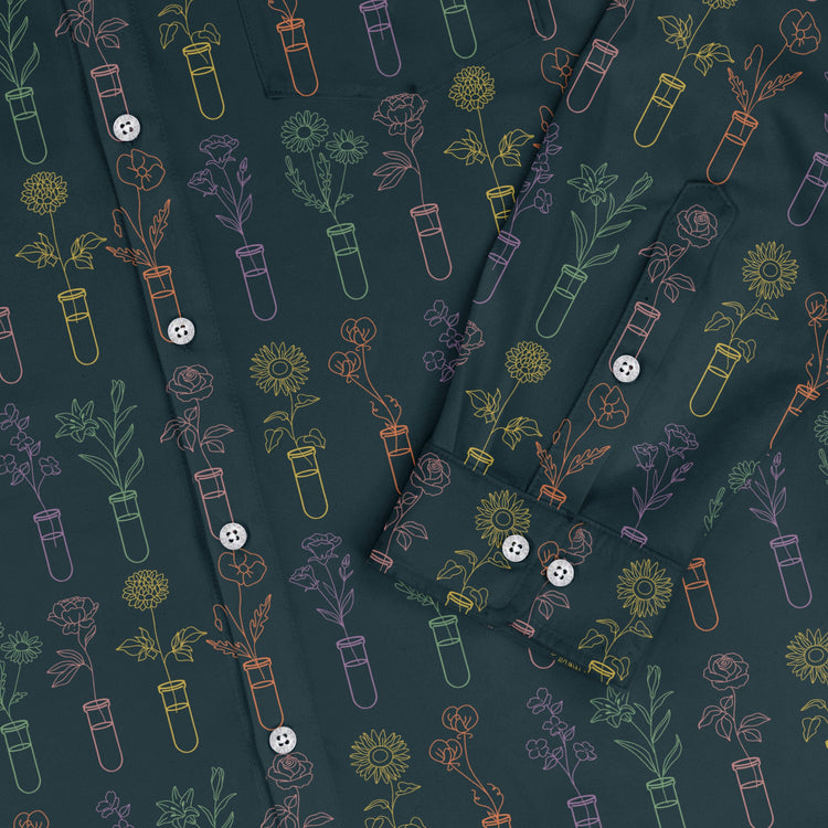 Botany Lovers Long Sleeve Button Up Shirt Geek Nerd adult sizing Botany Print FLOW DESC WRITING