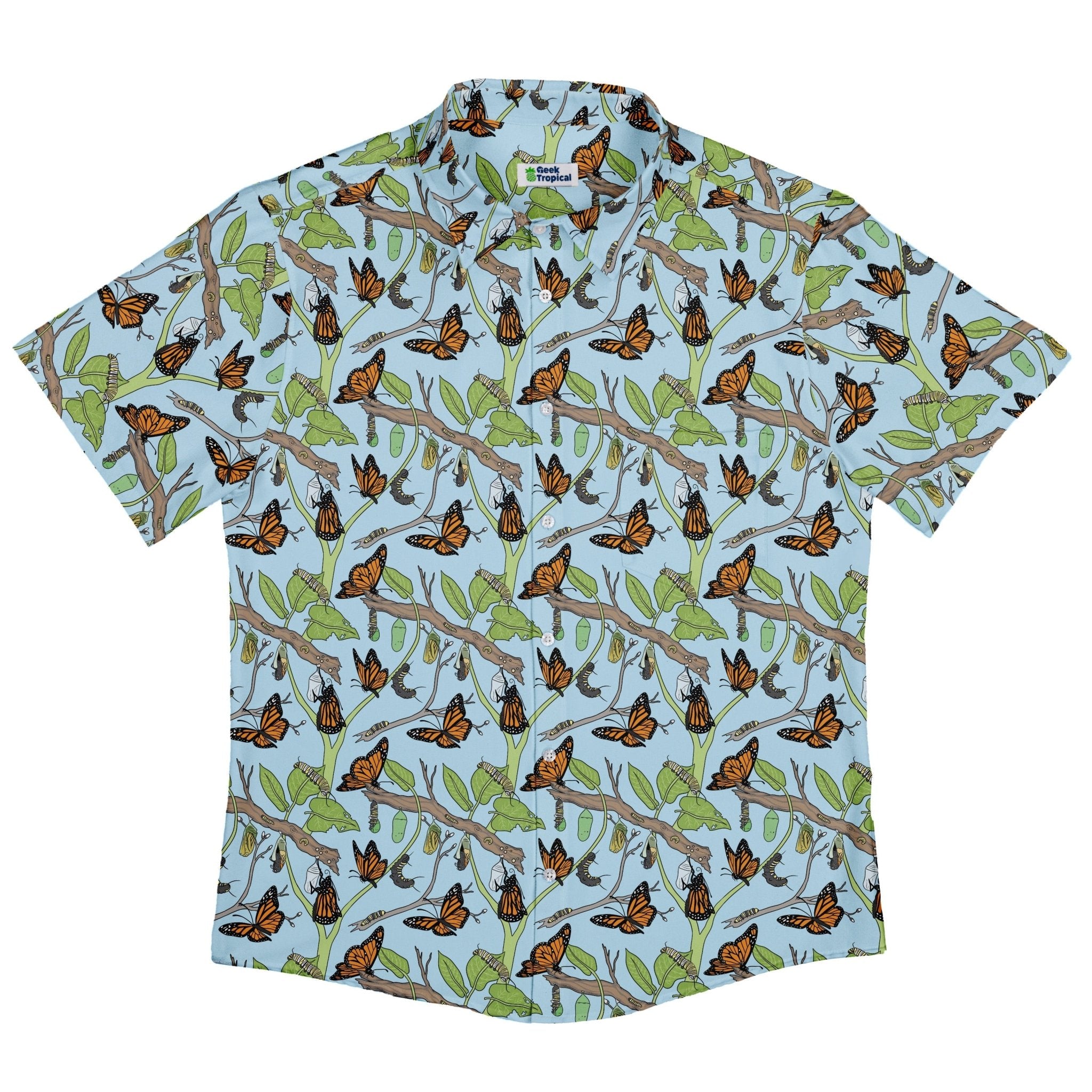 Butterfly Cycle Button Up Shirt Geek Nerd adult sizing botany print Design by Julie Kitzes