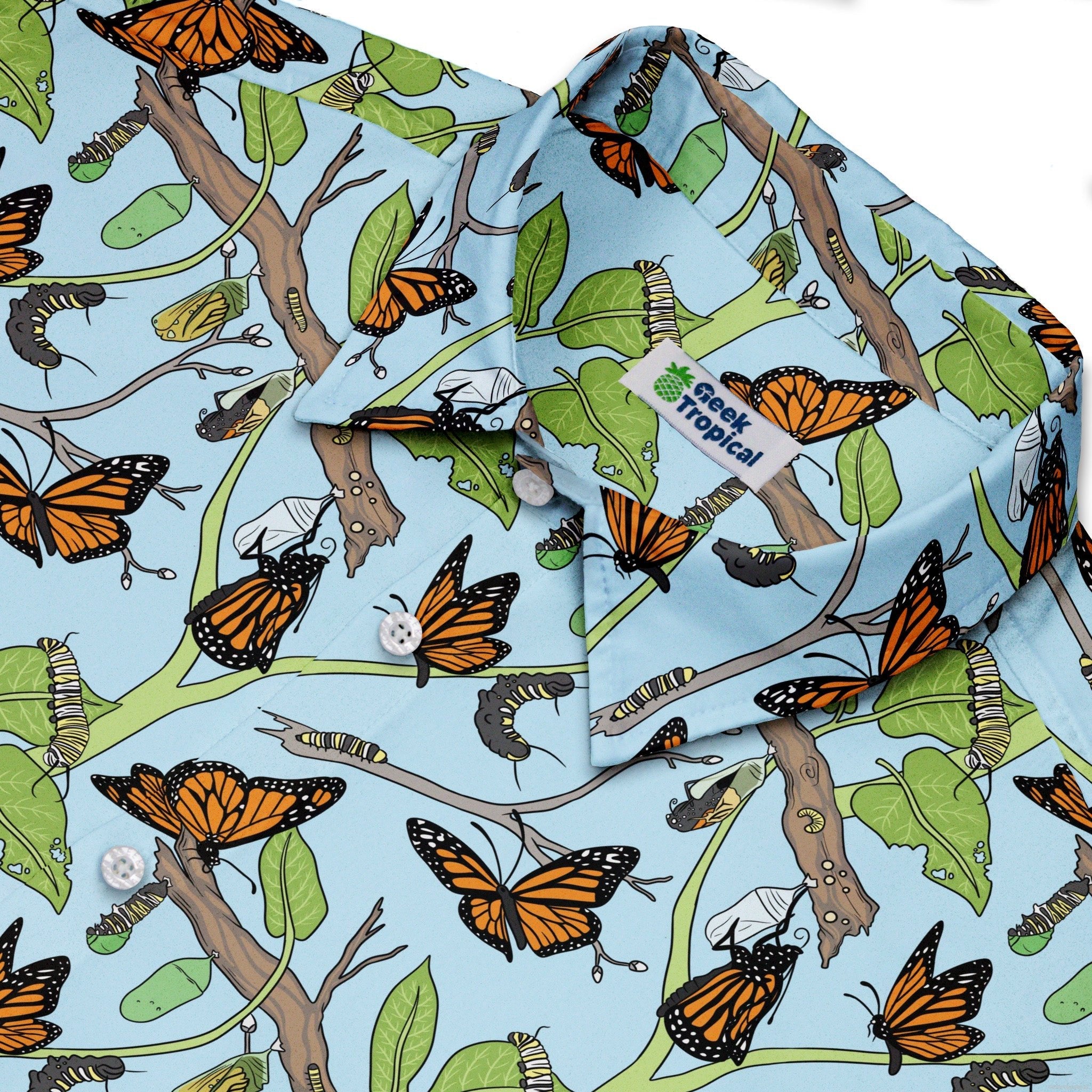 Butterfly Cycle Button Up Shirt Geek Nerd adult sizing botany print Design by Julie Kitzes