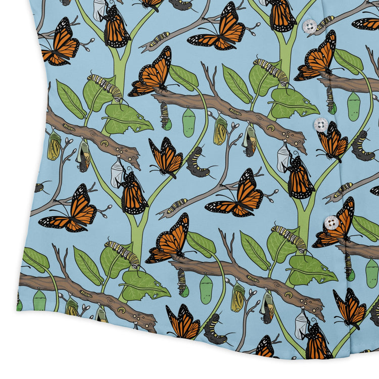 Butterfly Cycle Curvy Button Up Shirt Geek Nerd botany print Design by Julie Kitzes q225