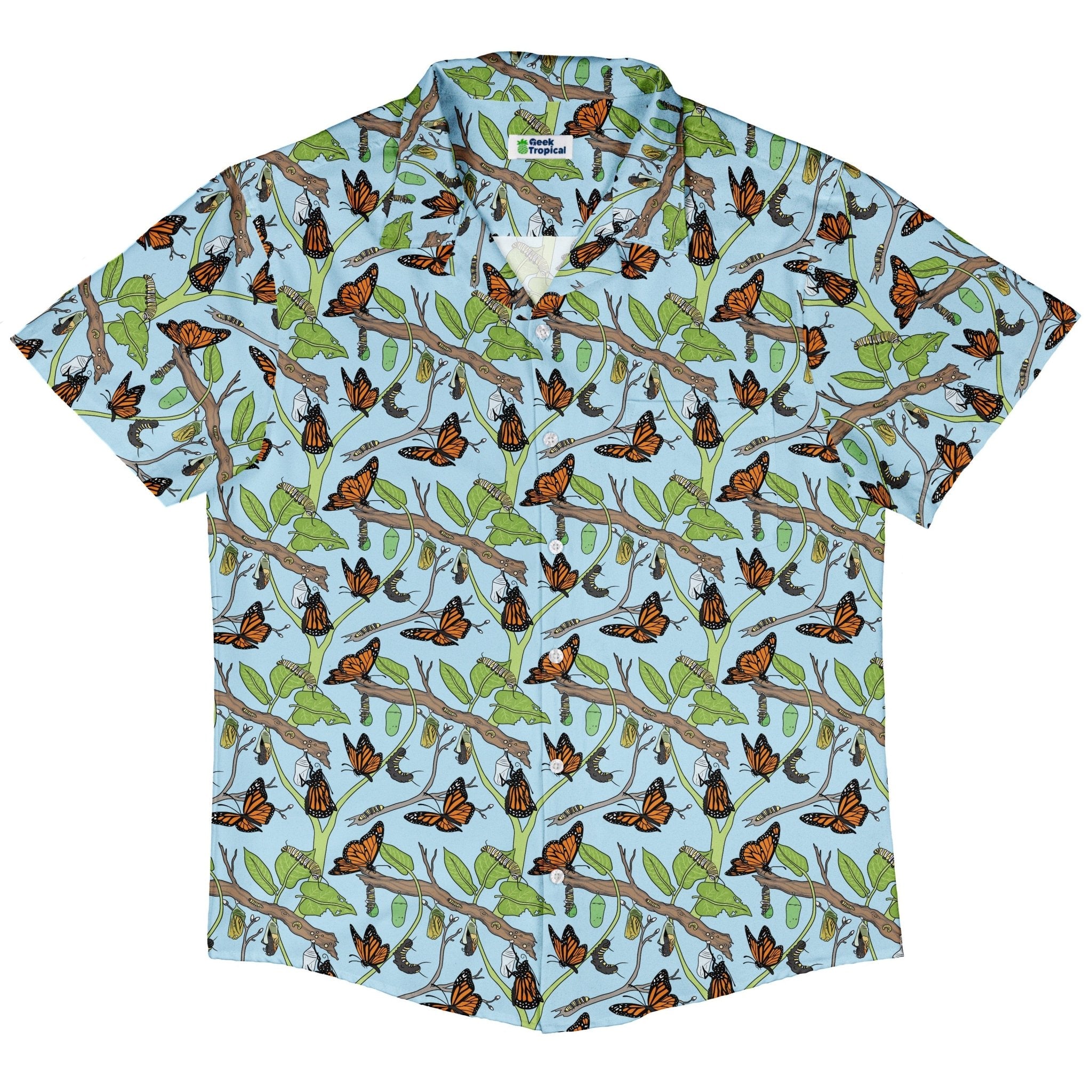 Butterfly Cycle Button Up Shirt Geek Nerd adult sizing botany print Design by Julie Kitzes