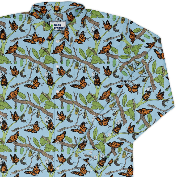 Butterfly Cycle Long Sleeve Button Up Shirt Geek Nerd adult sizing botany print Design by Julie Kitzes