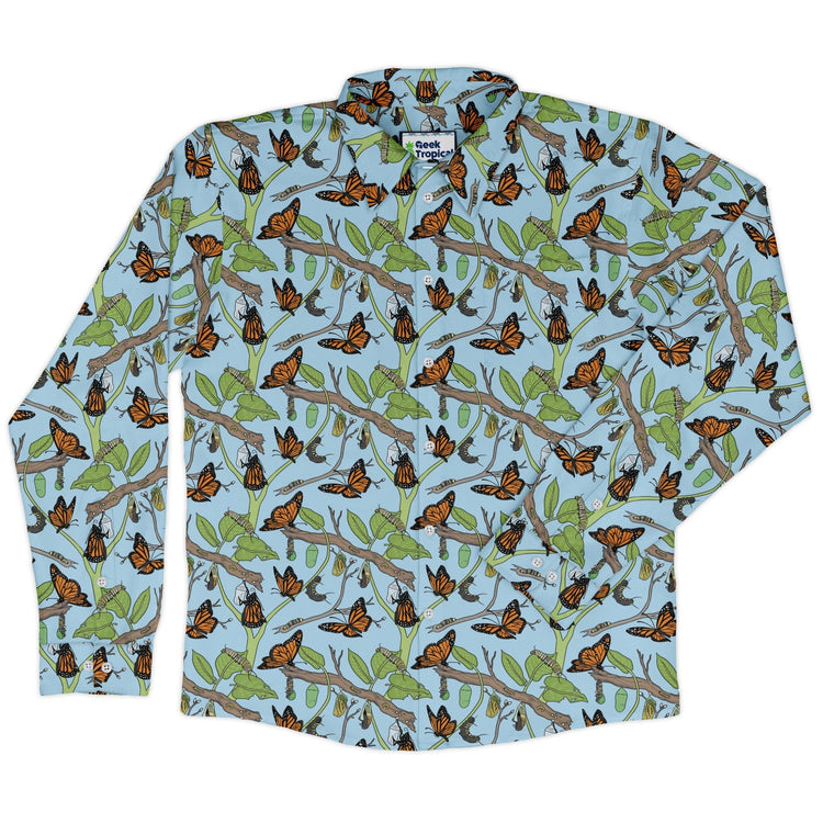 Butterfly Cycle Long Sleeve Button Up Shirt Geek Nerd adult sizing botany print Design by Julie Kitzes
