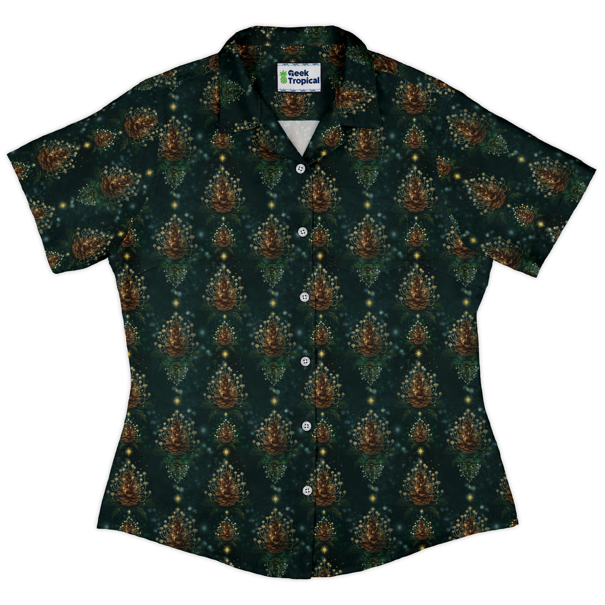 Candlelight Pine Cone Curvy Button Up Shirt womens front