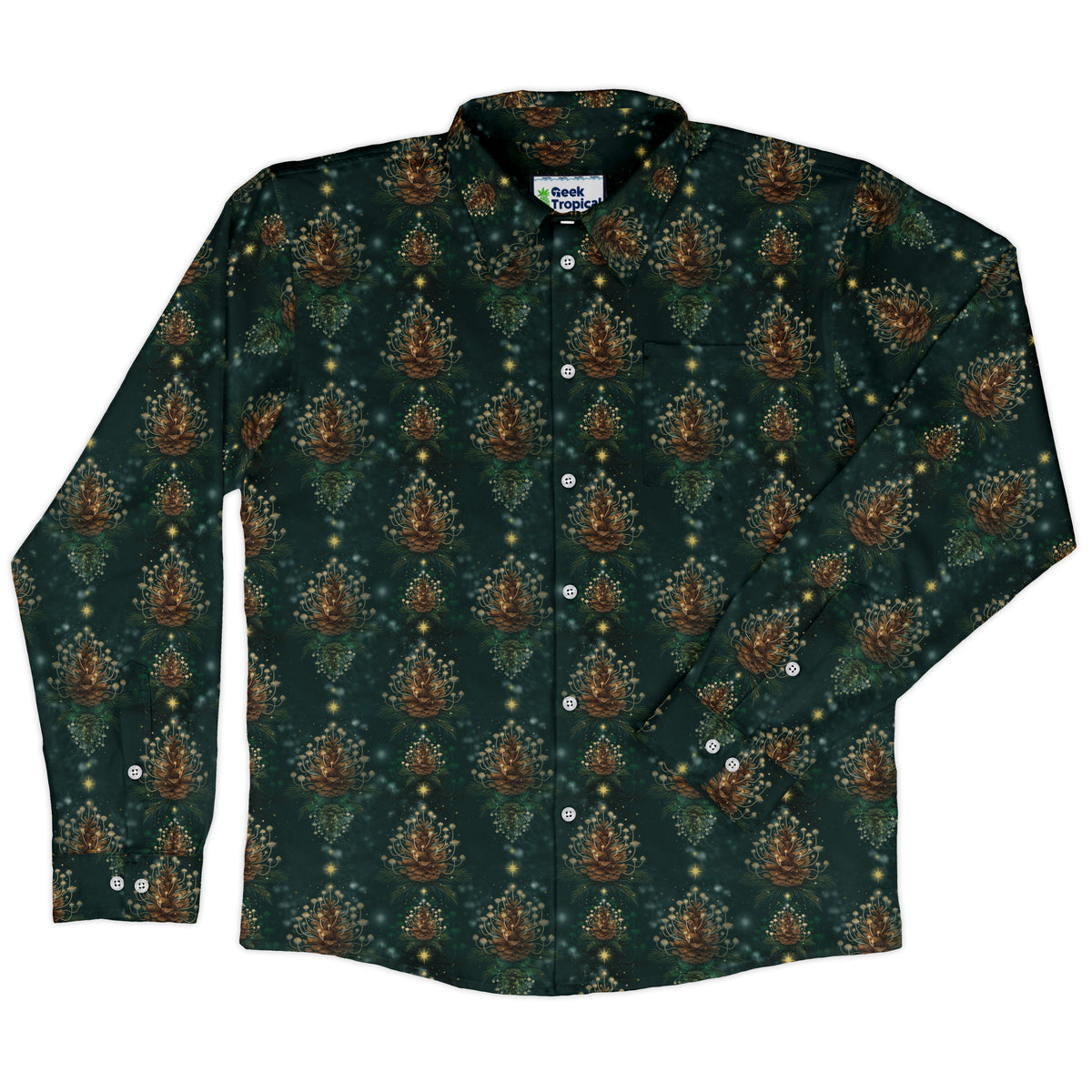 Candlelight Pine Cone Long Sleeve Button Up Shirt front