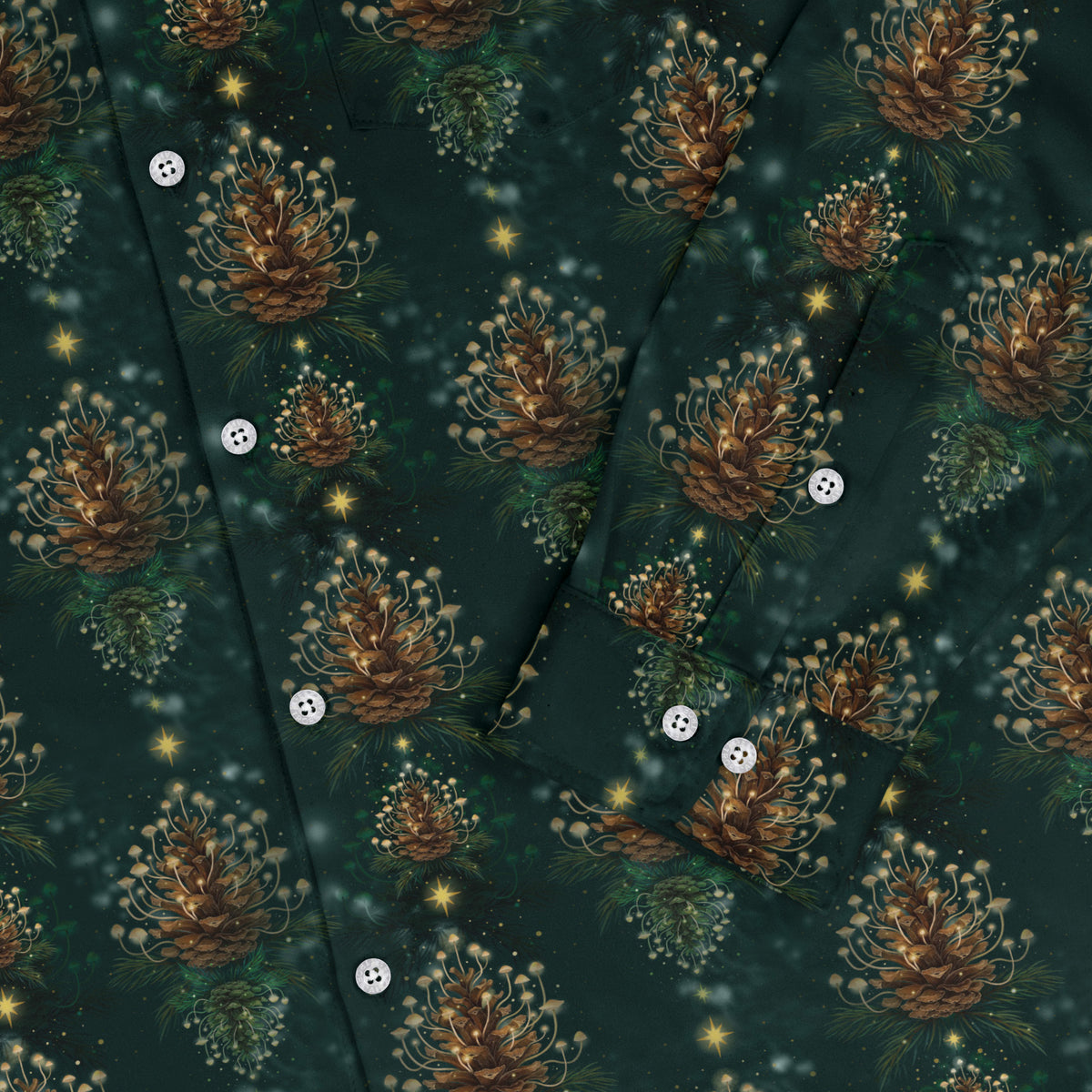 Candlelight Pine Cone Long Sleeve Button Up Shirt sleeve close