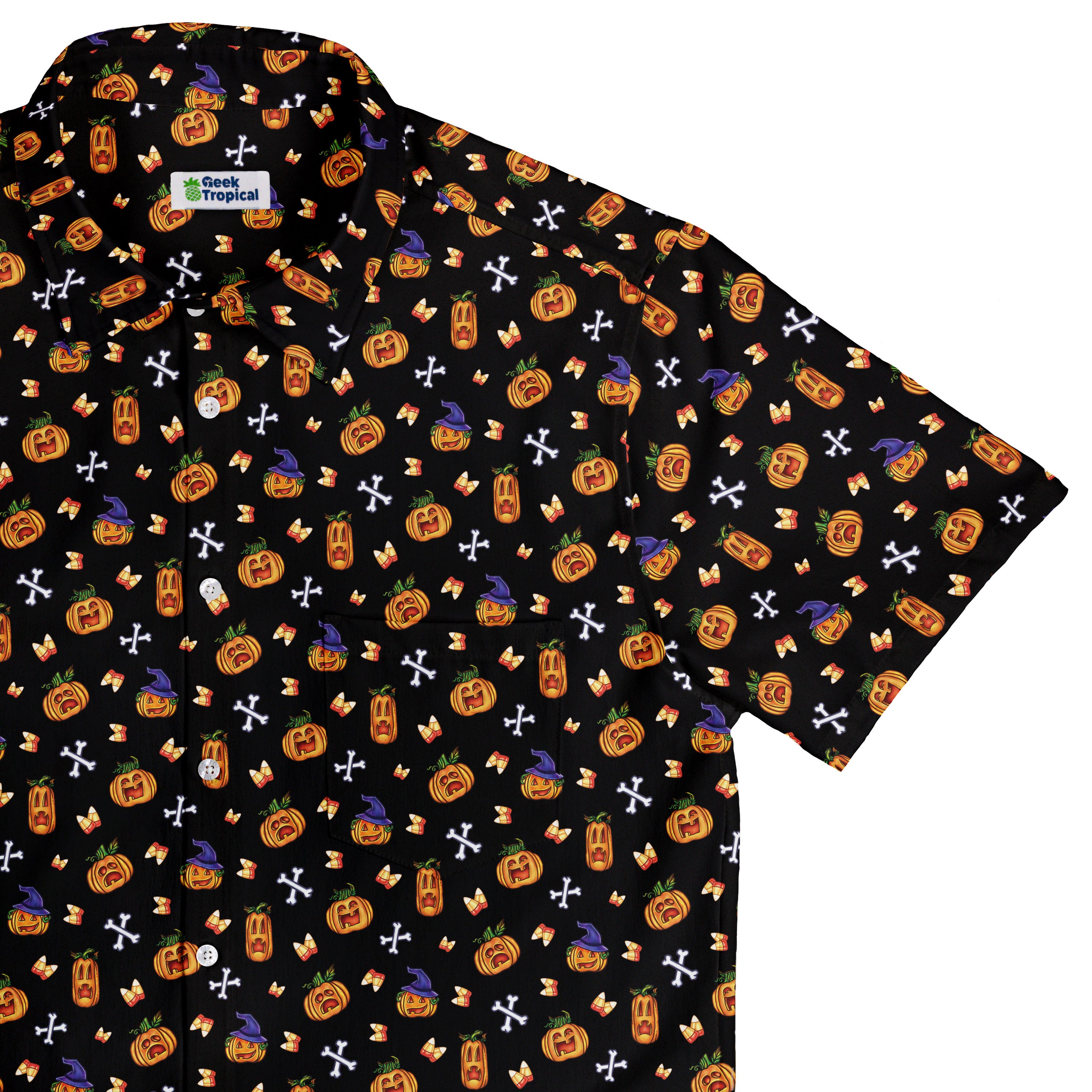 Candy Corn Pumpkins Button Up Shirt Top Corner
