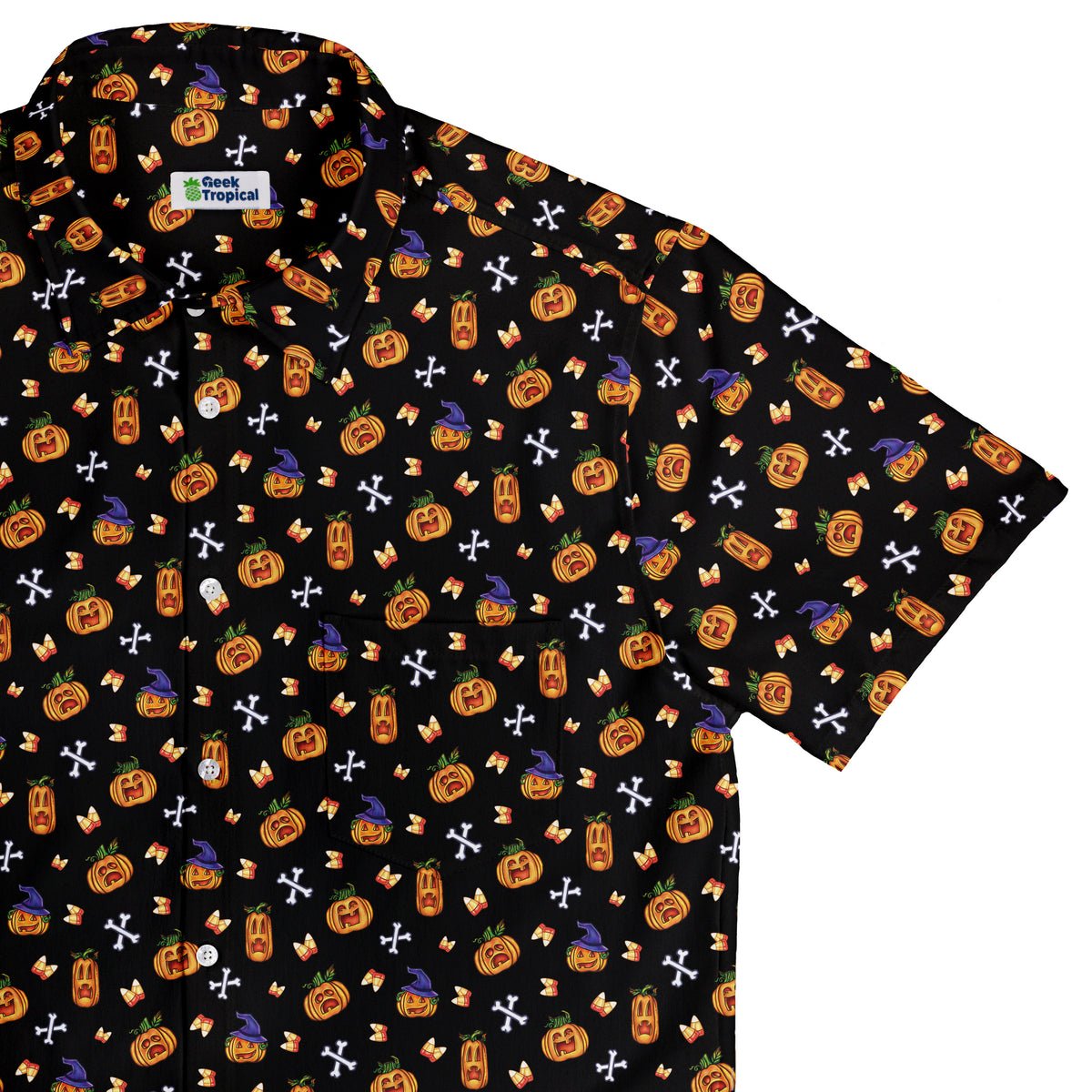 Candy Corn Pumpkins Button Up Shirt Top Corner