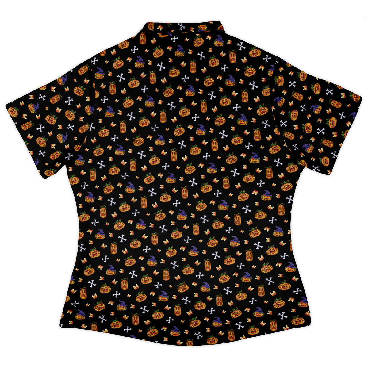 Candy Corn Pumpkins Curvy Button Up Shirt womens back