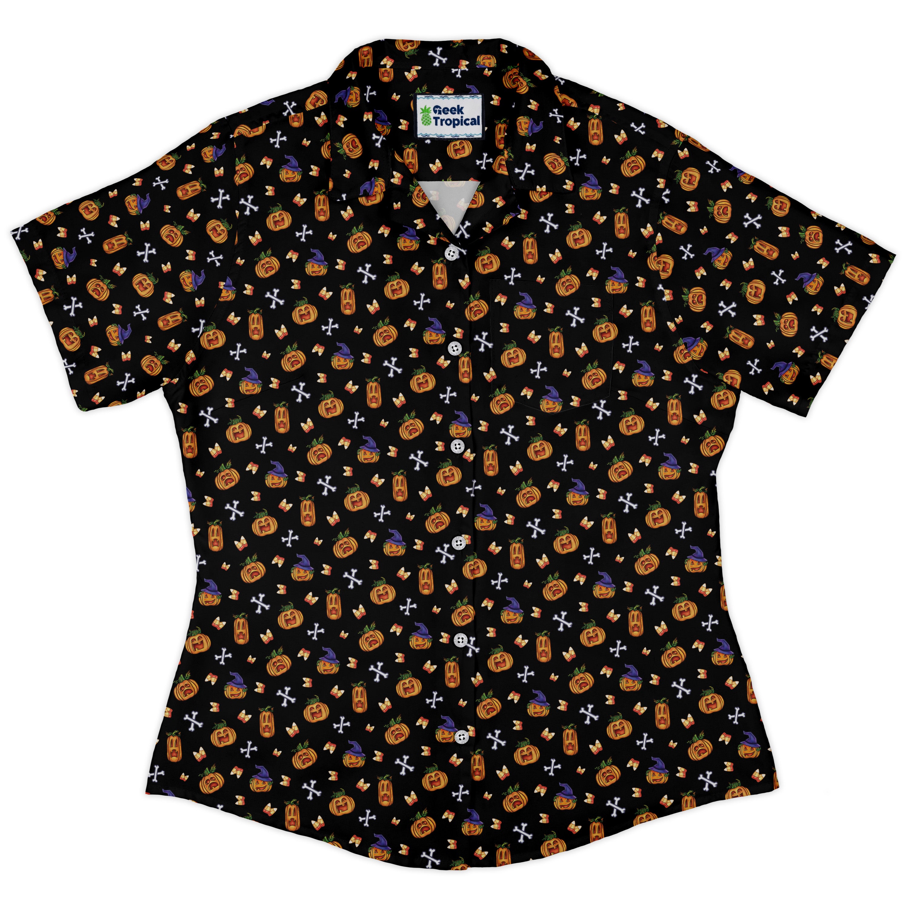 Candy Corn Pumpkins Curvy Button Up Shirt womens front