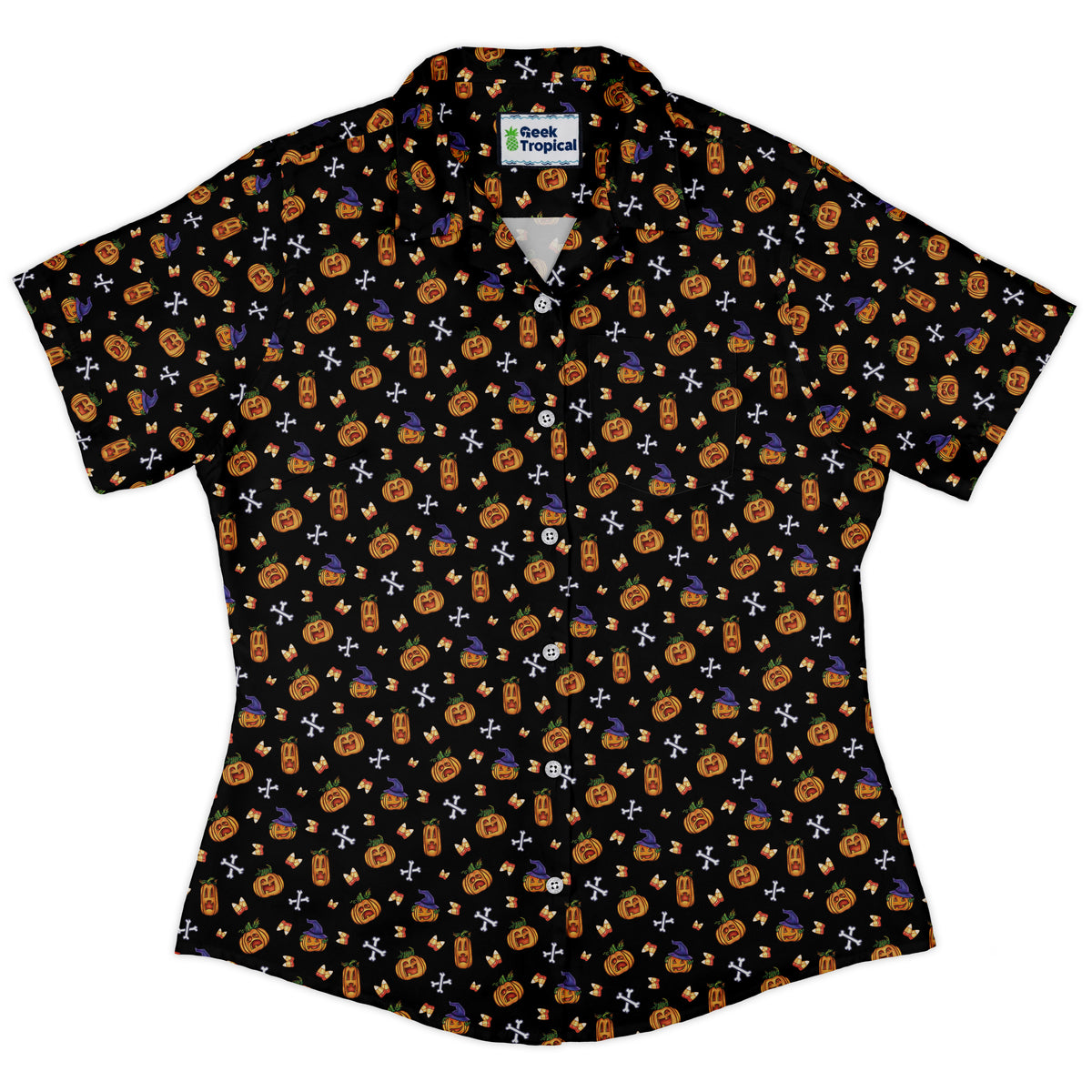 Candy Corn Pumpkins Curvy Button Up Shirt womens front