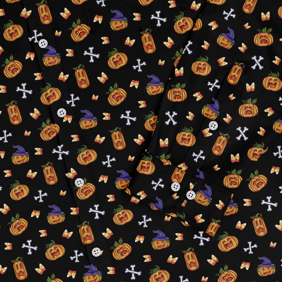 Candy Corn Pumpkins Long Sleeve Button Up Shirt Old Long Sleeve Button Up Shirt sleeve close