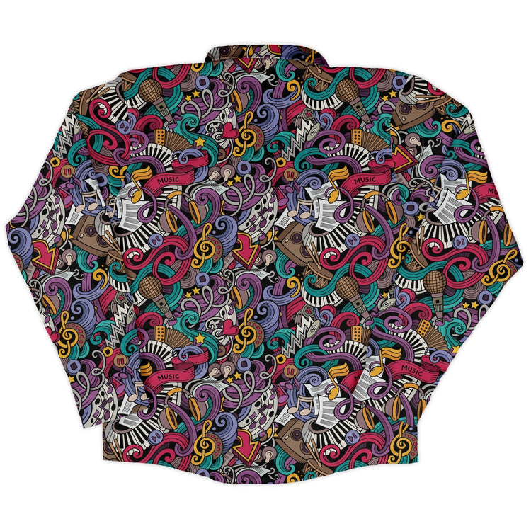 Cartoon Music Doodles Long Sleeve Button Up Shirt Geek Nerd adult sizing FLOW DESC WRITING Maximalist Patterns