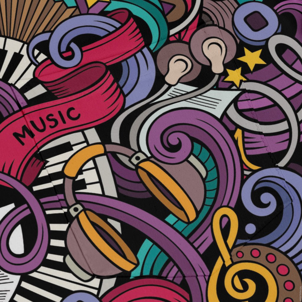 Cartoon Music Doodles Long Sleeve Button Up Shirt Geek Nerd adult sizing FLOW DESC WRITING Maximalist Patterns