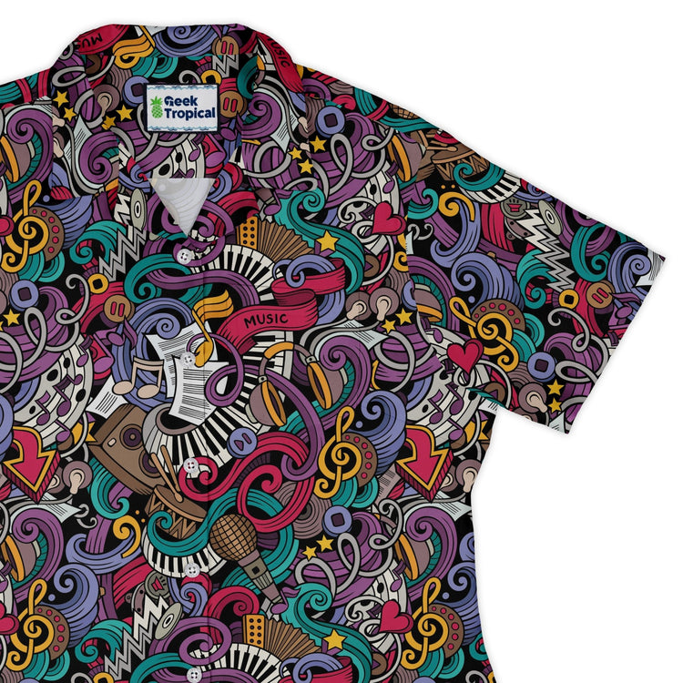 Cartoon Music Doodles Curvy Button Up Shirt Geek Nerd Maximalist Patterns music print women