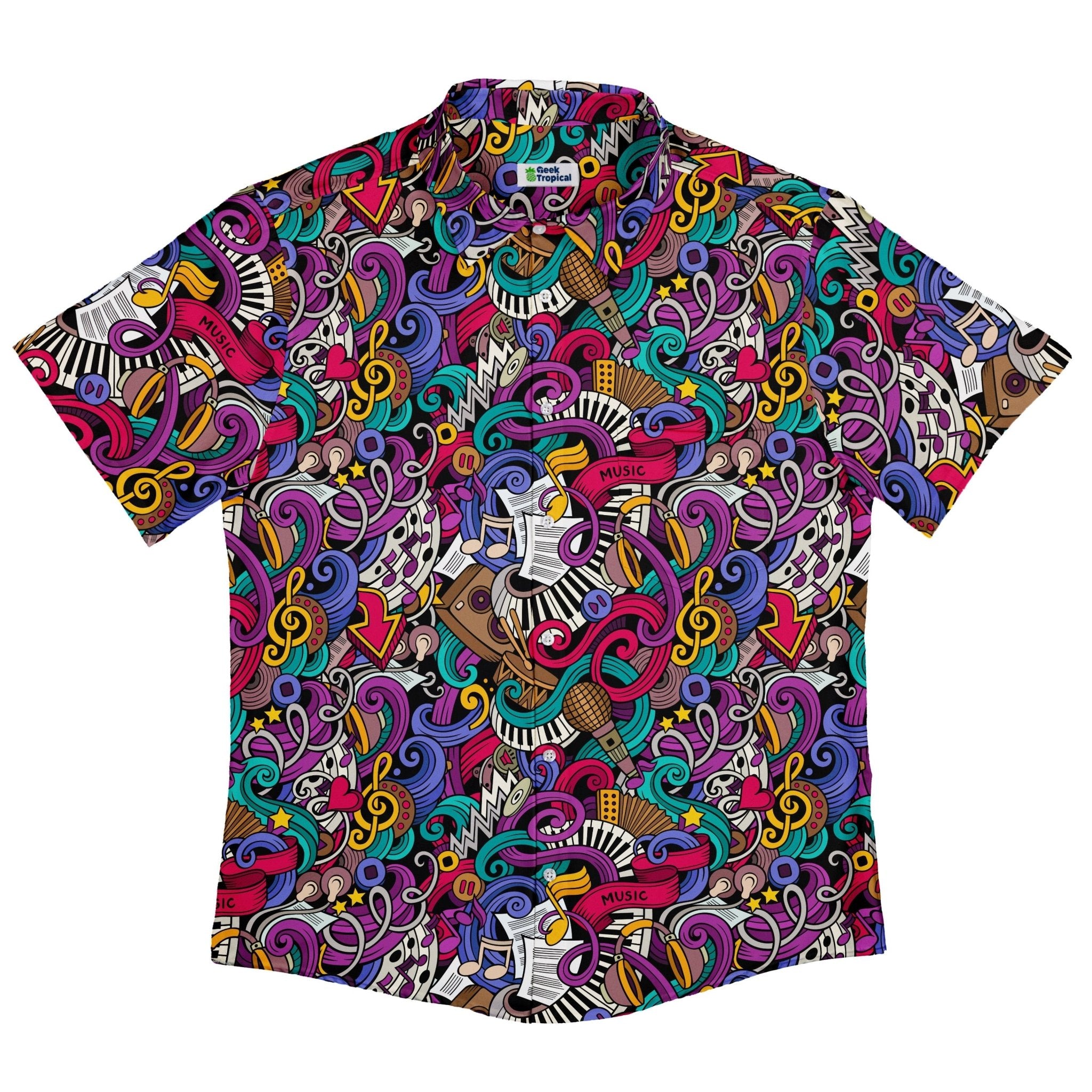 Cartoon Music Doodles Button Up Shirt - adult sizing - Maximalist Patterns - music print