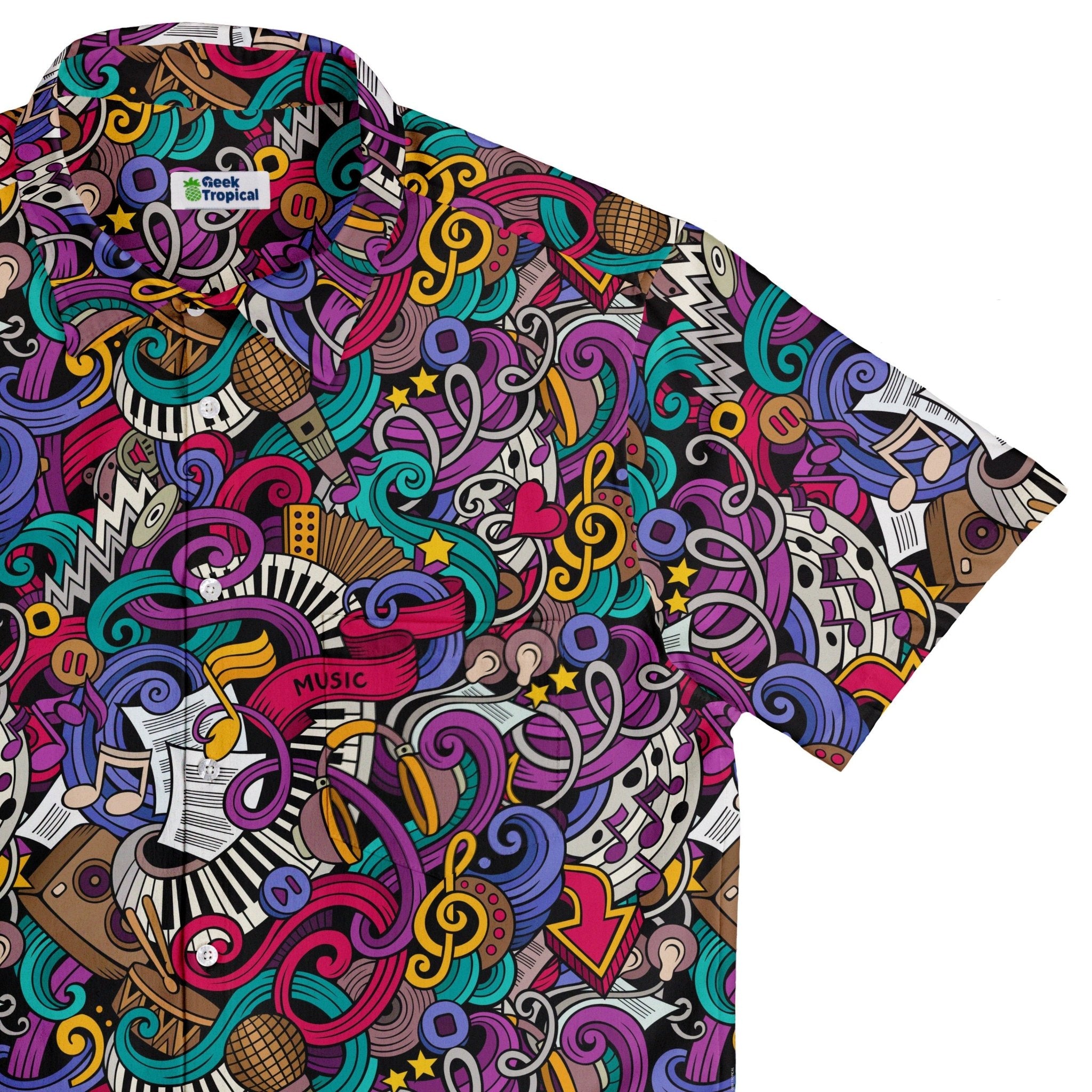 Cartoon Music Doodles Button Up Shirt - adult sizing - Maximalist Patterns - music print