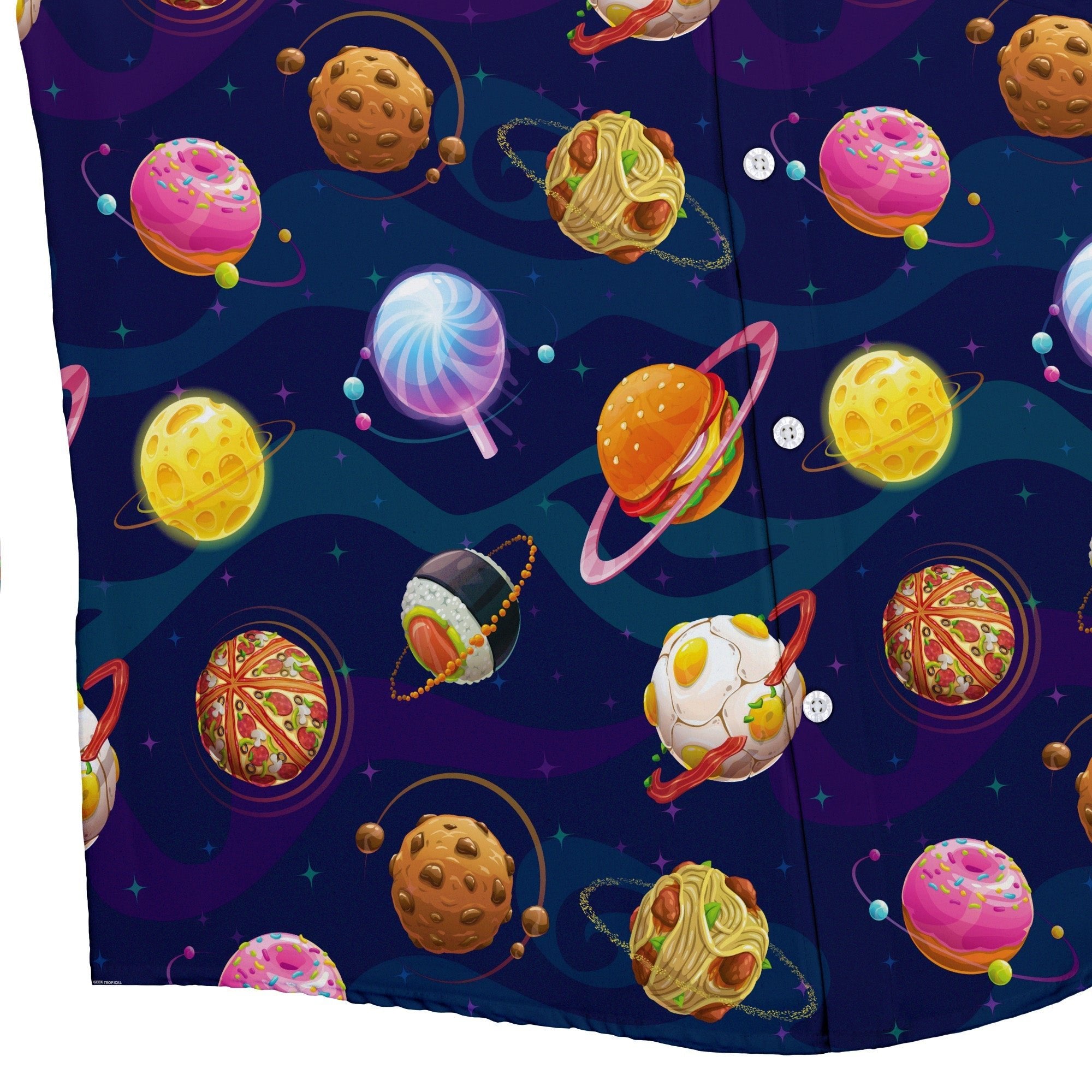 Cartoon Planet Food Space Blue Purple Button Up Shirt - adult sizing - Maximalist Patterns - outer space & astronaut print