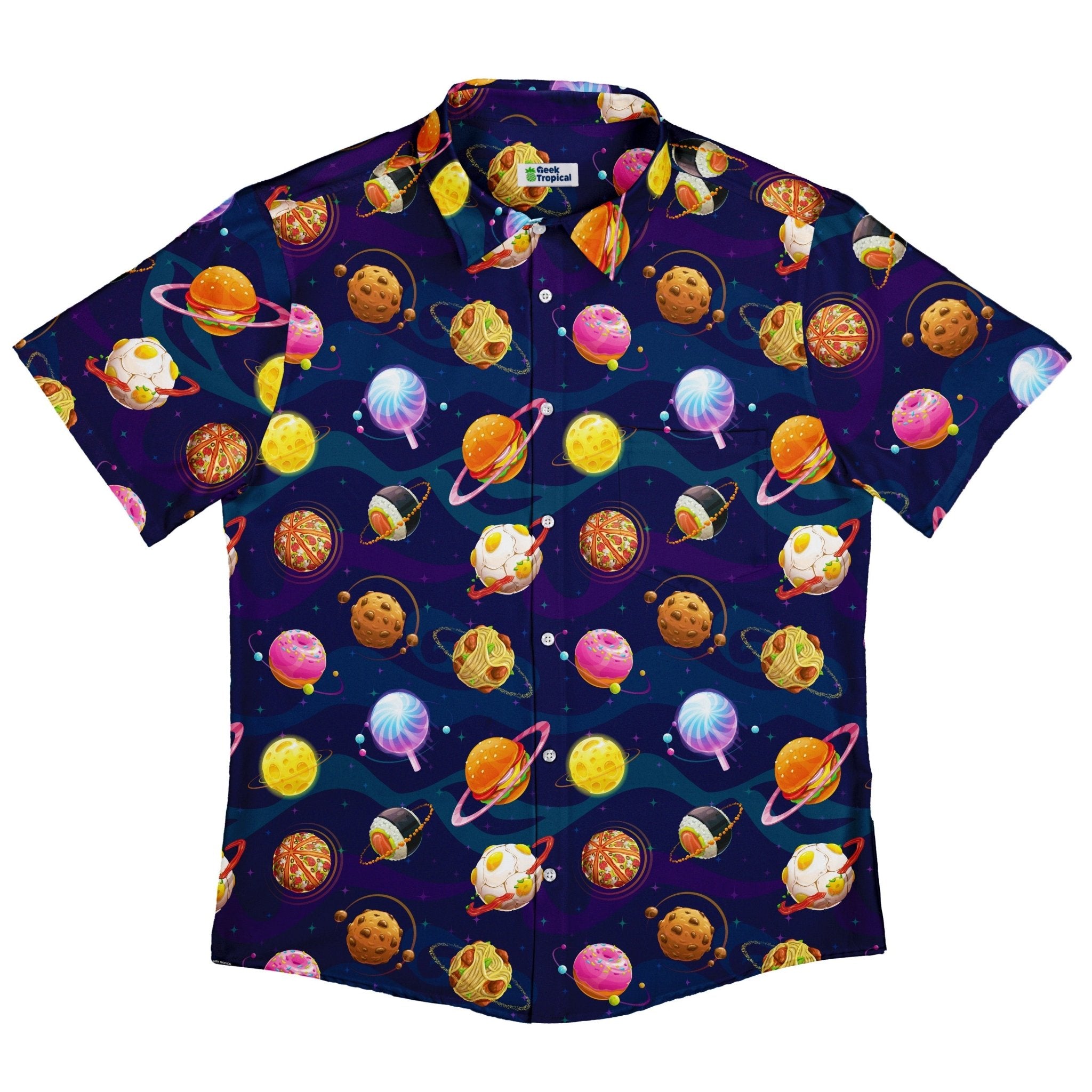 Cartoon Planet Food Space Blue Purple Button Up Shirt - adult sizing - Maximalist Patterns - outer space & astronaut print