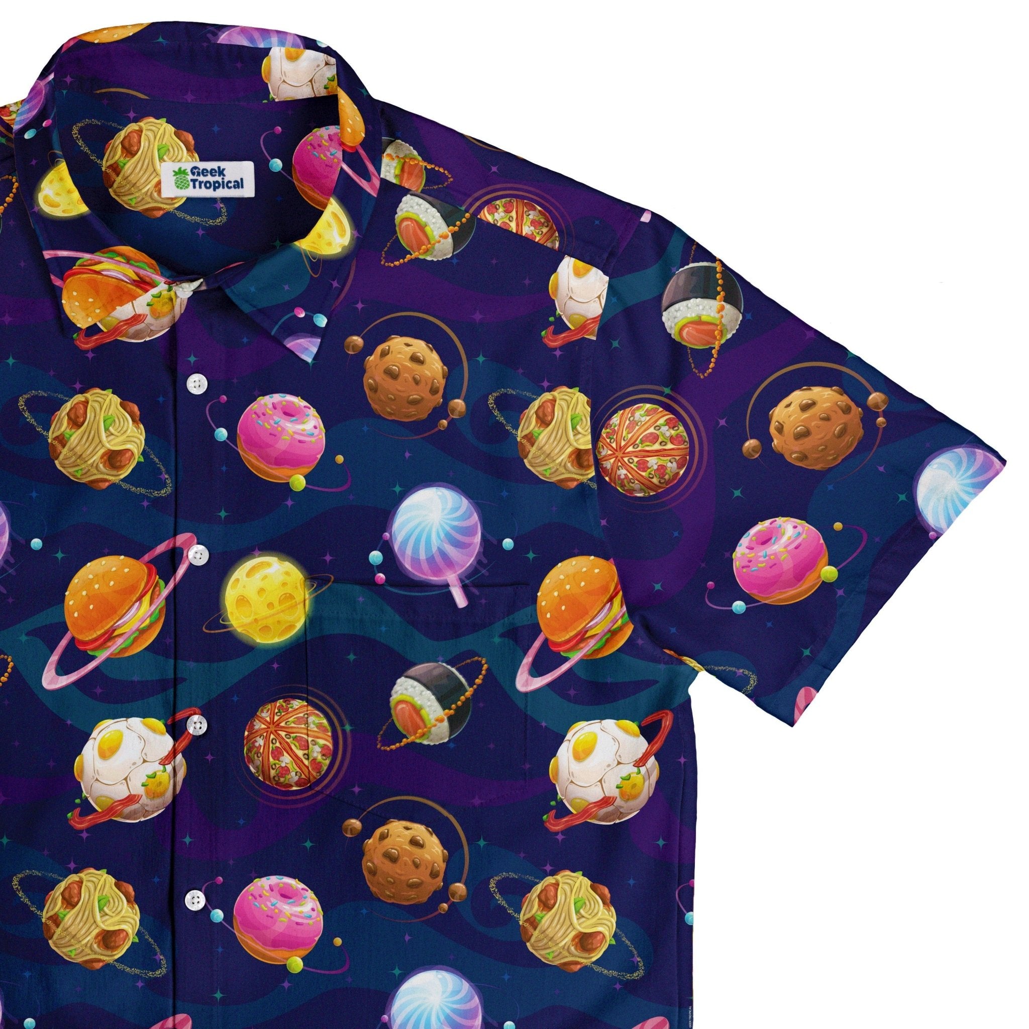 Cartoon Planet Food Space Blue Purple Button Up Shirt - adult sizing - Maximalist Patterns - outer space & astronaut print