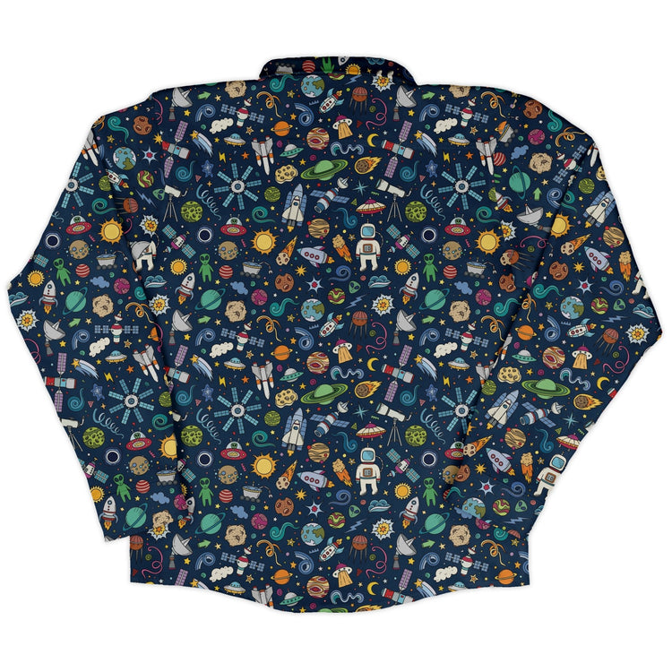 Cartoon Space Objects Outer Space Navy Long Sleeve Button Up Shirt Geek Nerd adult sizing FLOW DESC WRITING Maximalist Patterns