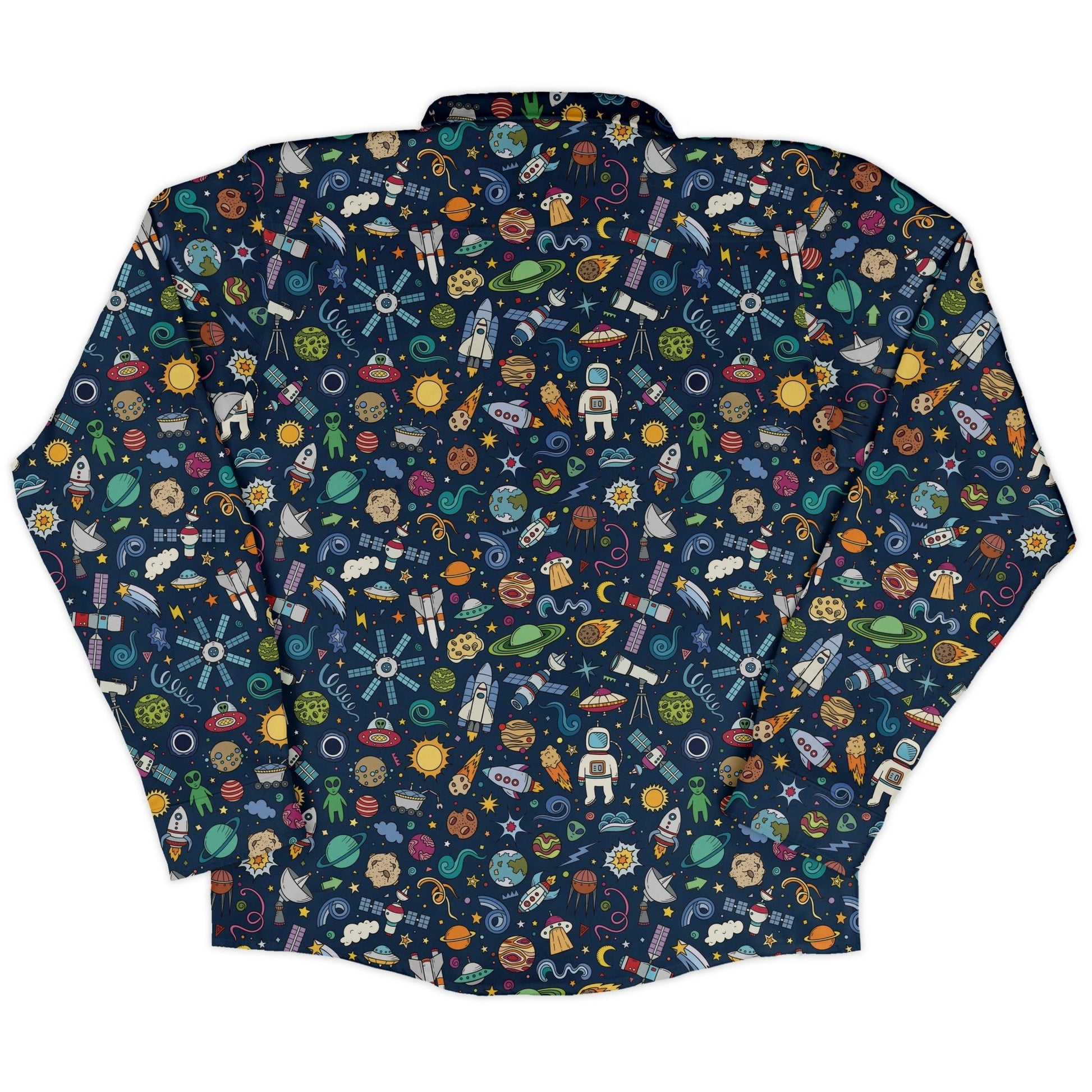 Cartoon Space Objects Outer Space Navy Long Sleeve Button Up Shirt Geek Nerd adult sizing FLOW DESC WRITING Maximalist Patterns