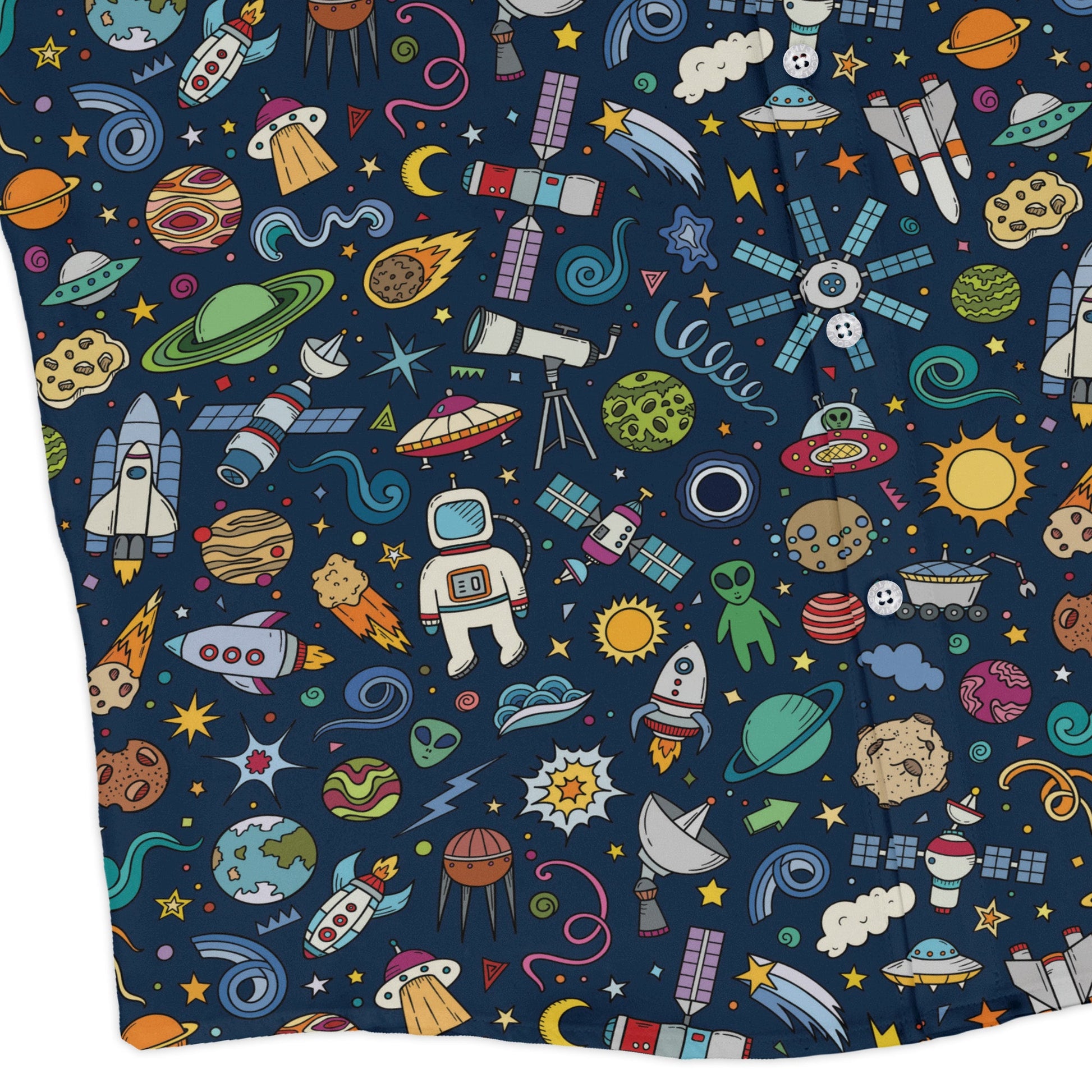Cartoon Space Objects Outer Space Navy Long Sleeve Button Up Shirt Geek Nerd adult sizing FLOW DESC WRITING Maximalist Patterns