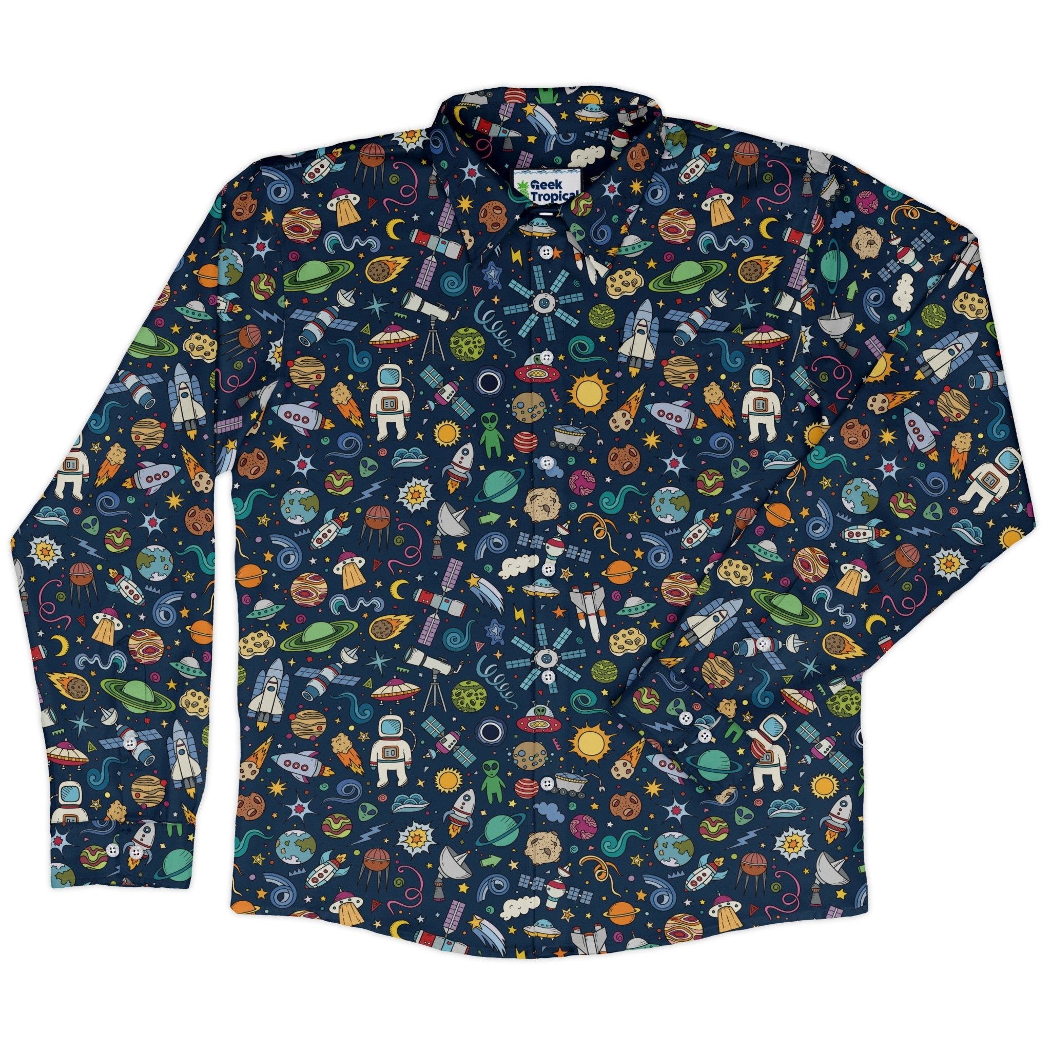 Cartoon Space Objects Outer Space Navy Long Sleeve Button Up Shirt Geek Nerd adult sizing FLOW DESC WRITING Maximalist Patterns