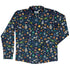 Cartoon Space Objects Outer Space Navy Long Sleeve Button Up Shirt Geek Nerd adult sizing FLOW DESC WRITING Maximalist Patterns