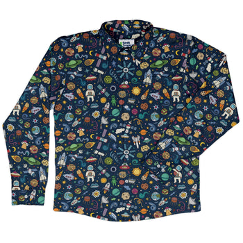 Cartoon Space Objects Outer Space Navy Long Sleeve Button Up Shirt Geek Nerd adult sizing FLOW DESC WRITING Maximalist Patterns