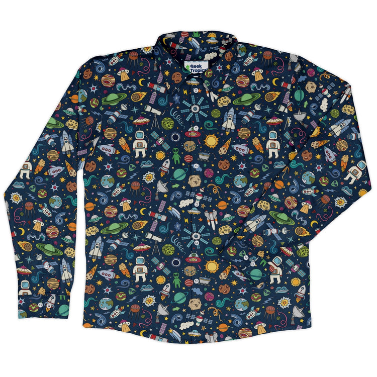 Cartoon Space Objects Outer Space Navy Long Sleeve Button Up Shirt Geek Nerd adult sizing FLOW DESC WRITING Maximalist Patterns