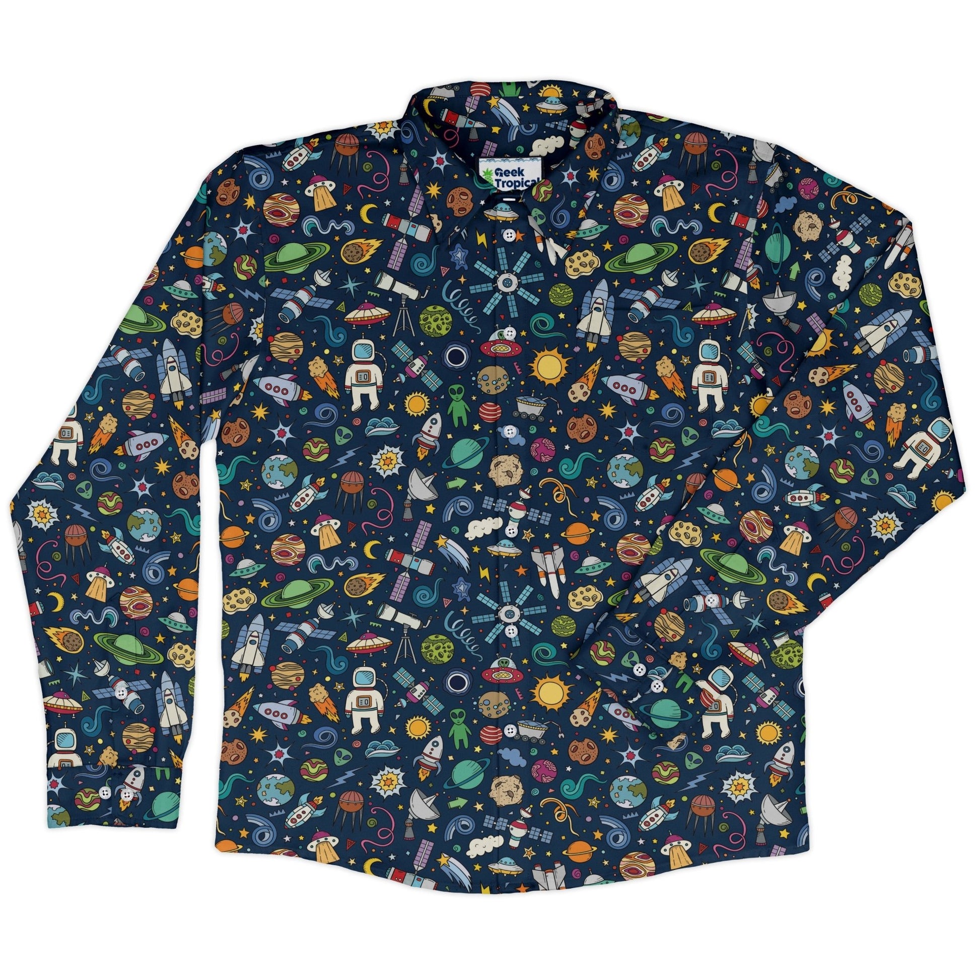 Cartoon Space Objects Outer Space Navy Long Sleeve Button Up Shirt Geek Nerd adult sizing FLOW DESC WRITING Maximalist Patterns