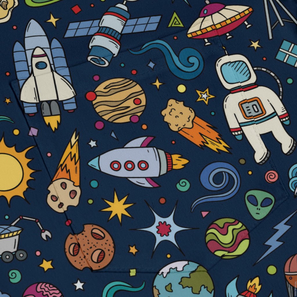 Cartoon Space Objects Outer Space Navy Long Sleeve Button Up Shirt Geek Nerd adult sizing FLOW DESC WRITING Maximalist Patterns