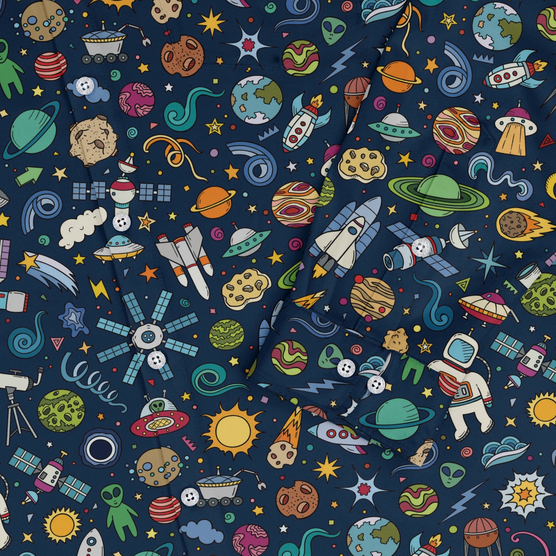 Cartoon Space Objects Outer Space Navy Long Sleeve Button Up Shirt Geek Nerd adult sizing FLOW DESC WRITING Maximalist Patterns