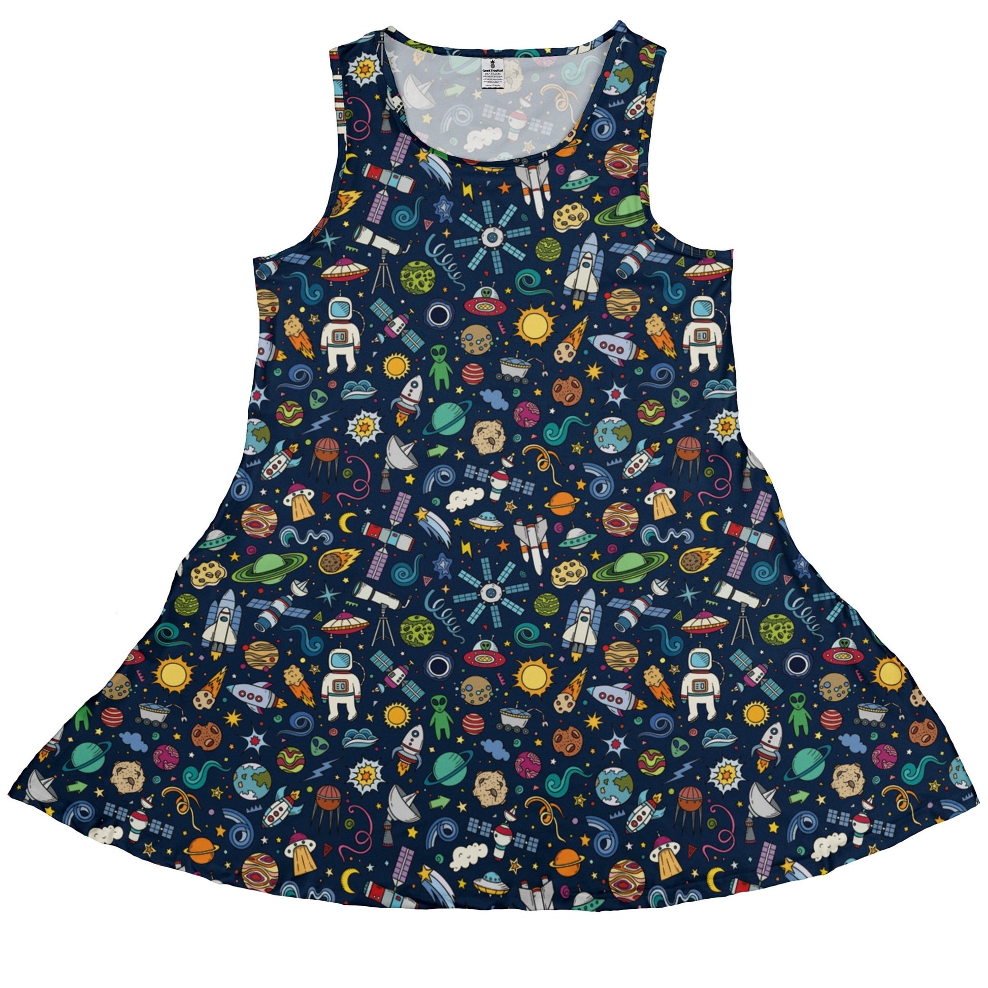 Cartoon Space Objects Outer Space Navy Dress Geek Nerd lx - C Maximalist Patterns outer space & astronaut print