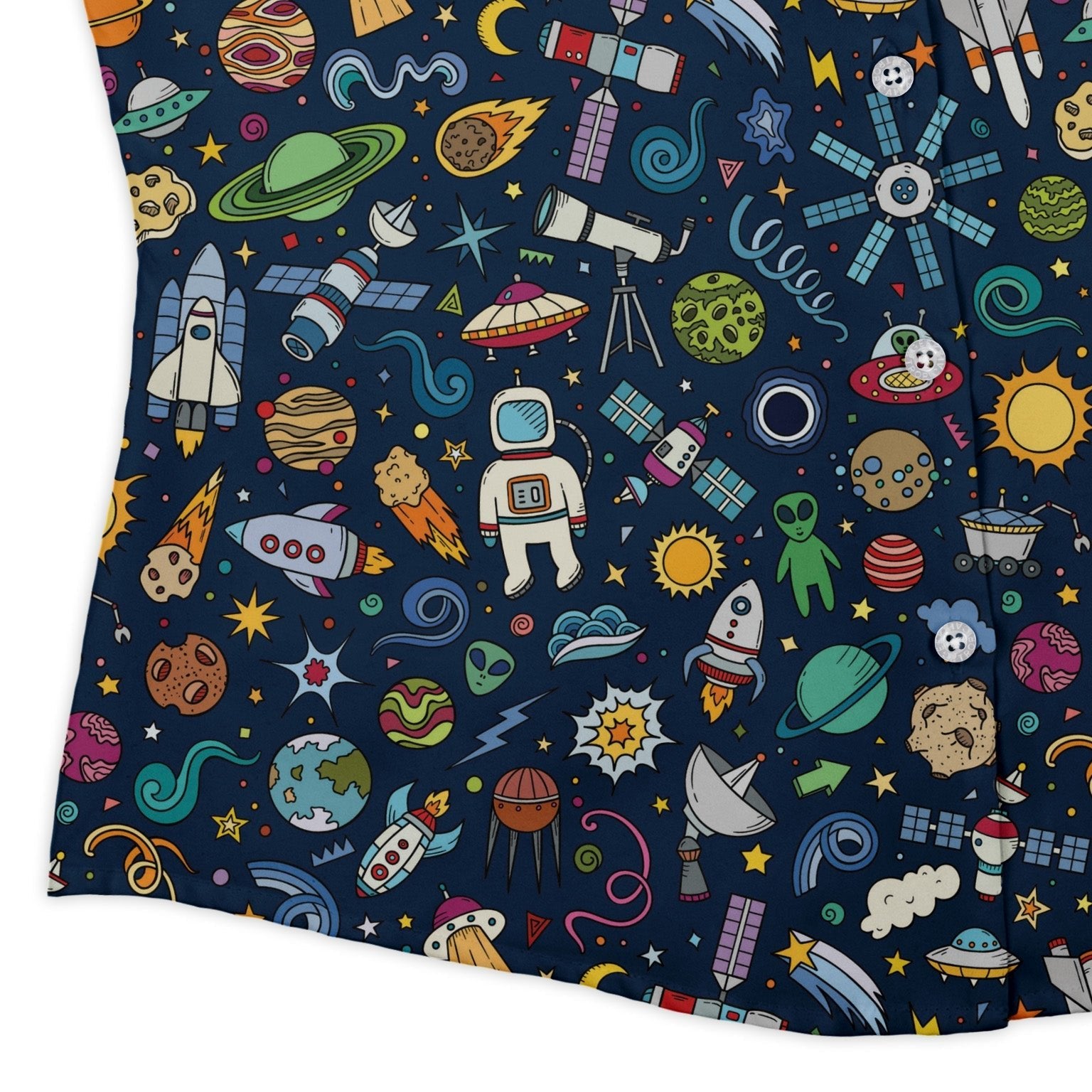 Cartoon Space Objects Outer Space Navy Curvy Button Up Shirt Geek Nerd Maximalist Patterns outer space & astronaut print women