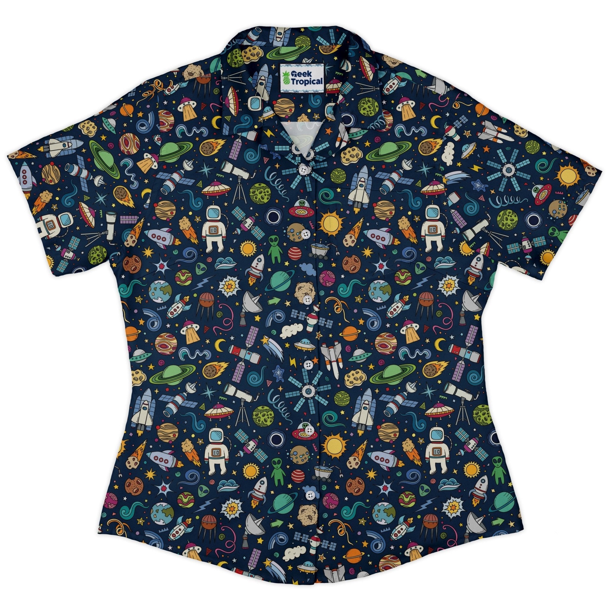 Cartoon Space Objects Outer Space Navy Curvy Button Up Shirt Geek Nerd Maximalist Patterns outer space & astronaut print women