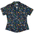 Cartoon Space Objects Outer Space Navy Curvy Button Up Shirt Geek Nerd Maximalist Patterns outer space & astronaut print women