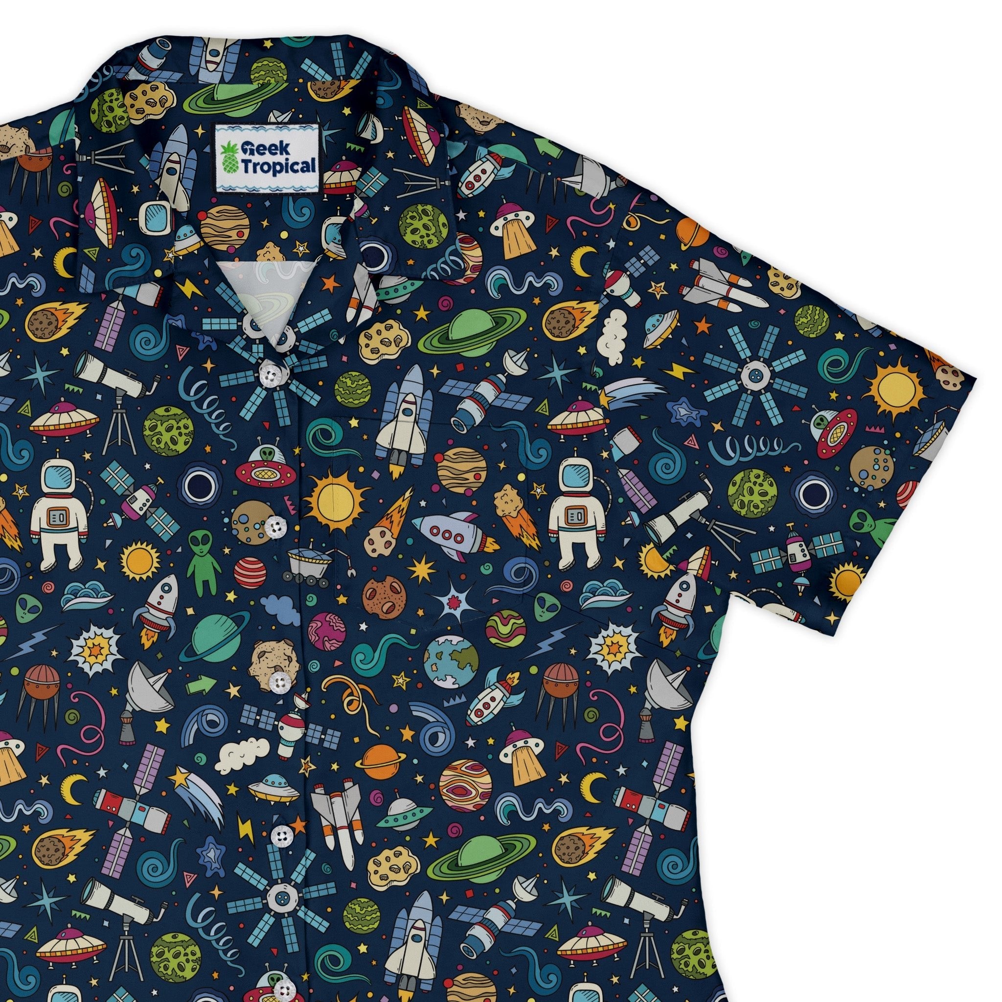 Cartoon Space Objects Outer Space Navy Curvy Button Up Shirt Geek Nerd Maximalist Patterns outer space & astronaut print women